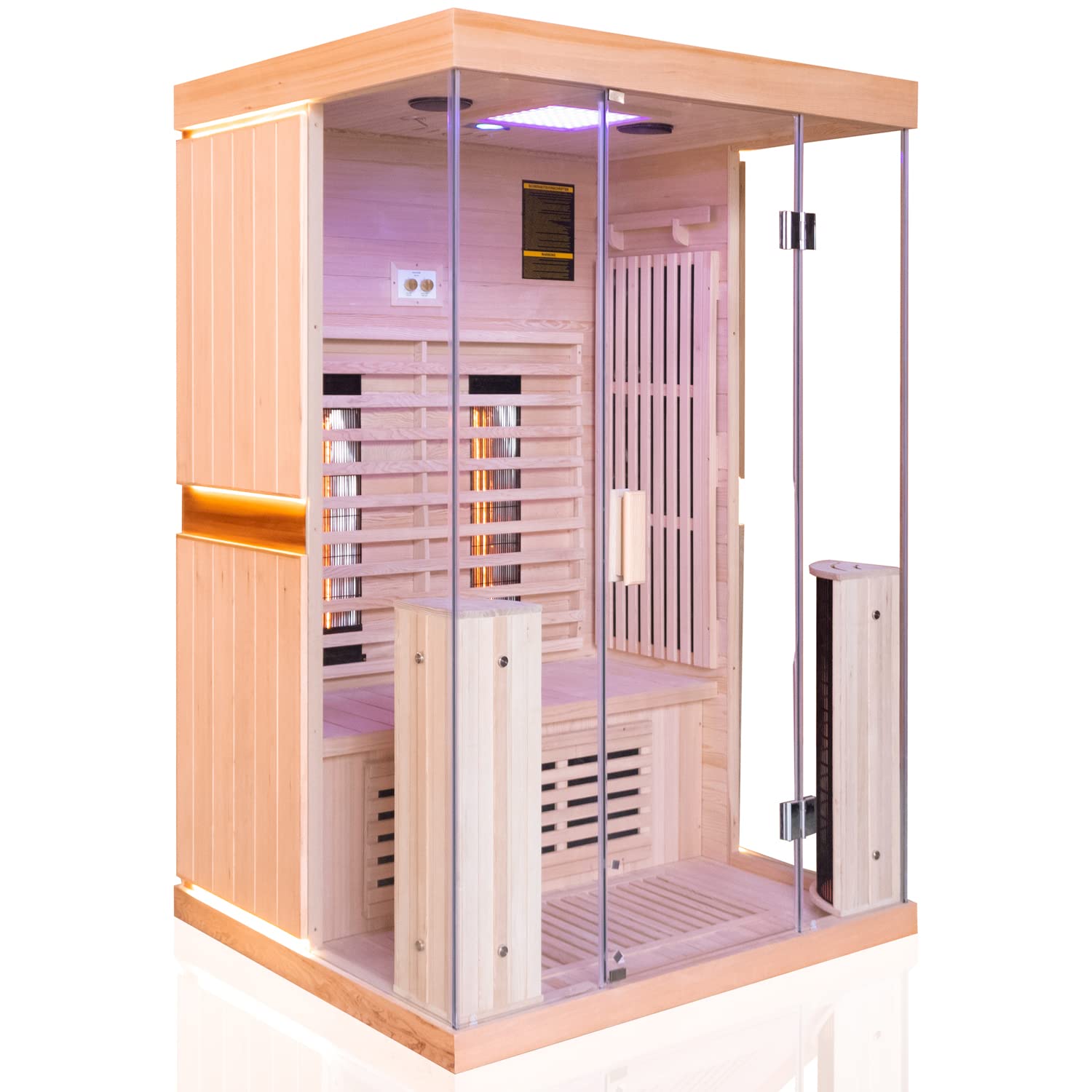 Dewello® Infrarotkabine Infrarotsauna Kingston 130cm x 105cm für 1-2 Personen aus Hemlock Holz mit verstellbaren Vollspektrumstrahlern, LED-Farblicht, Bluetooth, FM,MP3,USB