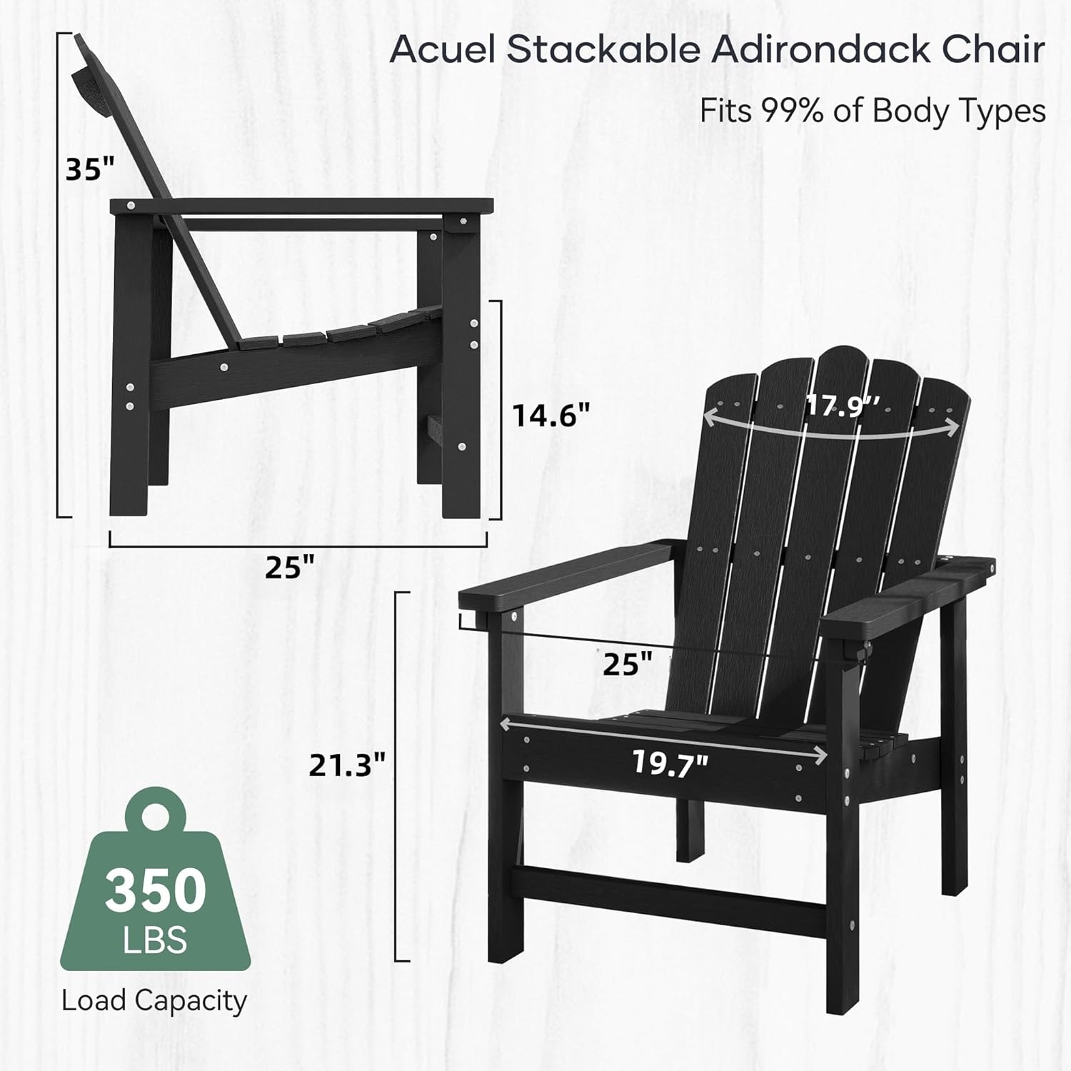 Stackable Adirondack Chairs Set of 2, Durable, Weather-Resistant Outdoor Patio Seating, Low Maintenance Poly Lumber Chairs for Porch, Deck, Garden, Fire Pit (Black)