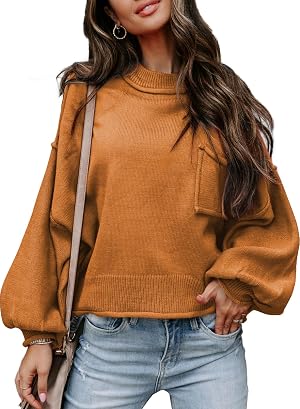 EVALESS Womens 2024 Lantern Long Sleeve Crewneck Sweater Casual Solid Color Ribbed Hem Knitwear Pullover Cropped Tops