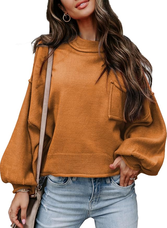 EVALESS Womens 2024 Lantern Long Sleeve Crewneck Sweater Casual Solid Color Ribbed Hem Knitwear Pullover Cropped Tops