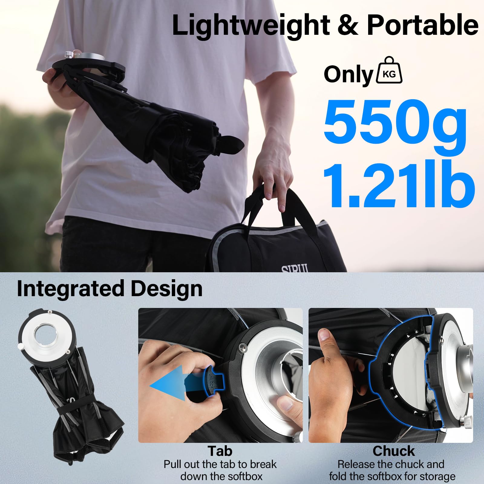 SIRUI 40cm Mini Softbox mit Schneller Aufbau, Faltbar, Mit Diffusor und Gitter, Schnellverschluss für Video Dauerlicht, Kompatibel mit C150X-Serie und QR40