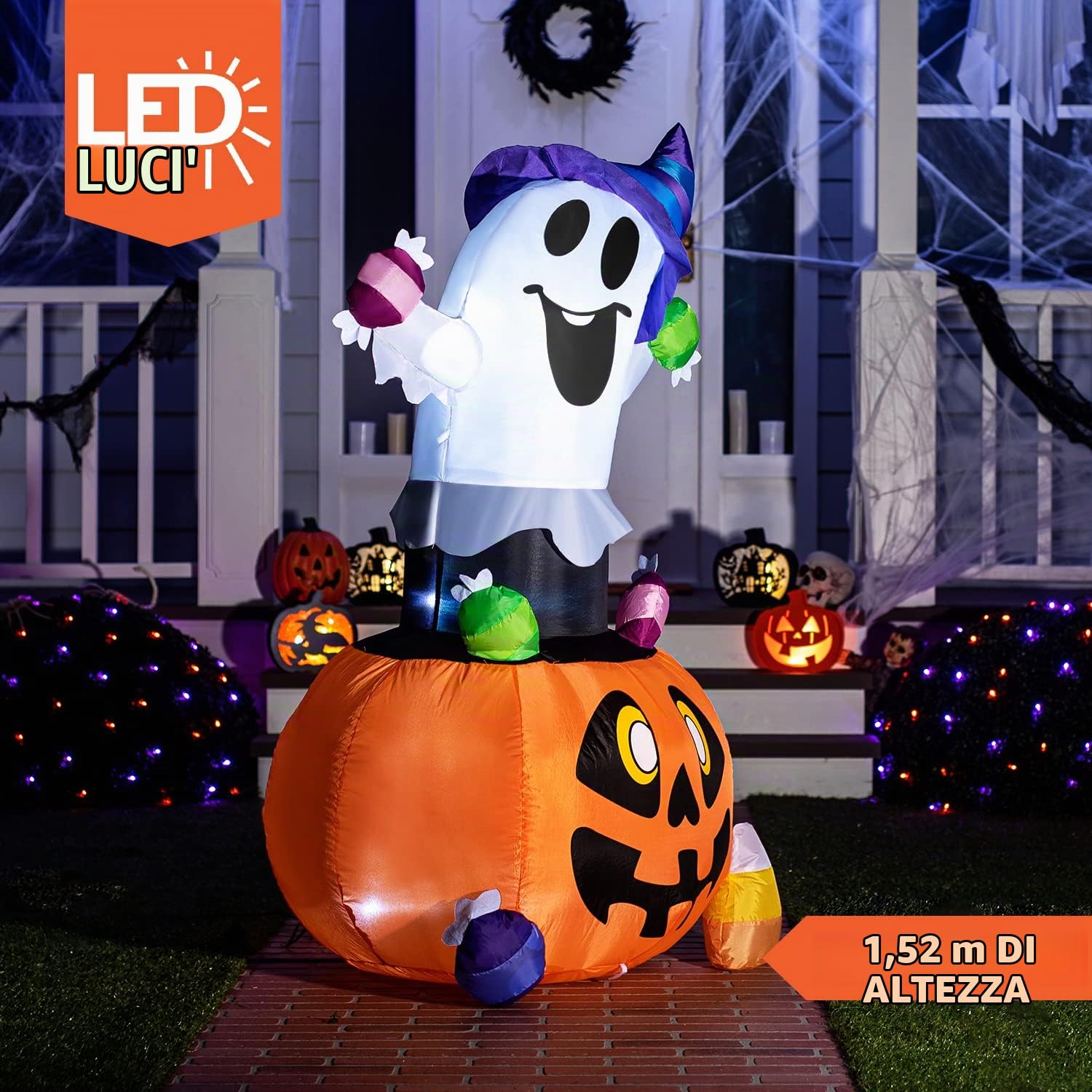 Joiedomi Decorazione gonfiabile per esterni con fantasma di Halloween, altezza 1,5 m, con luci LED, decorazione per cortile di Halloween per giardino