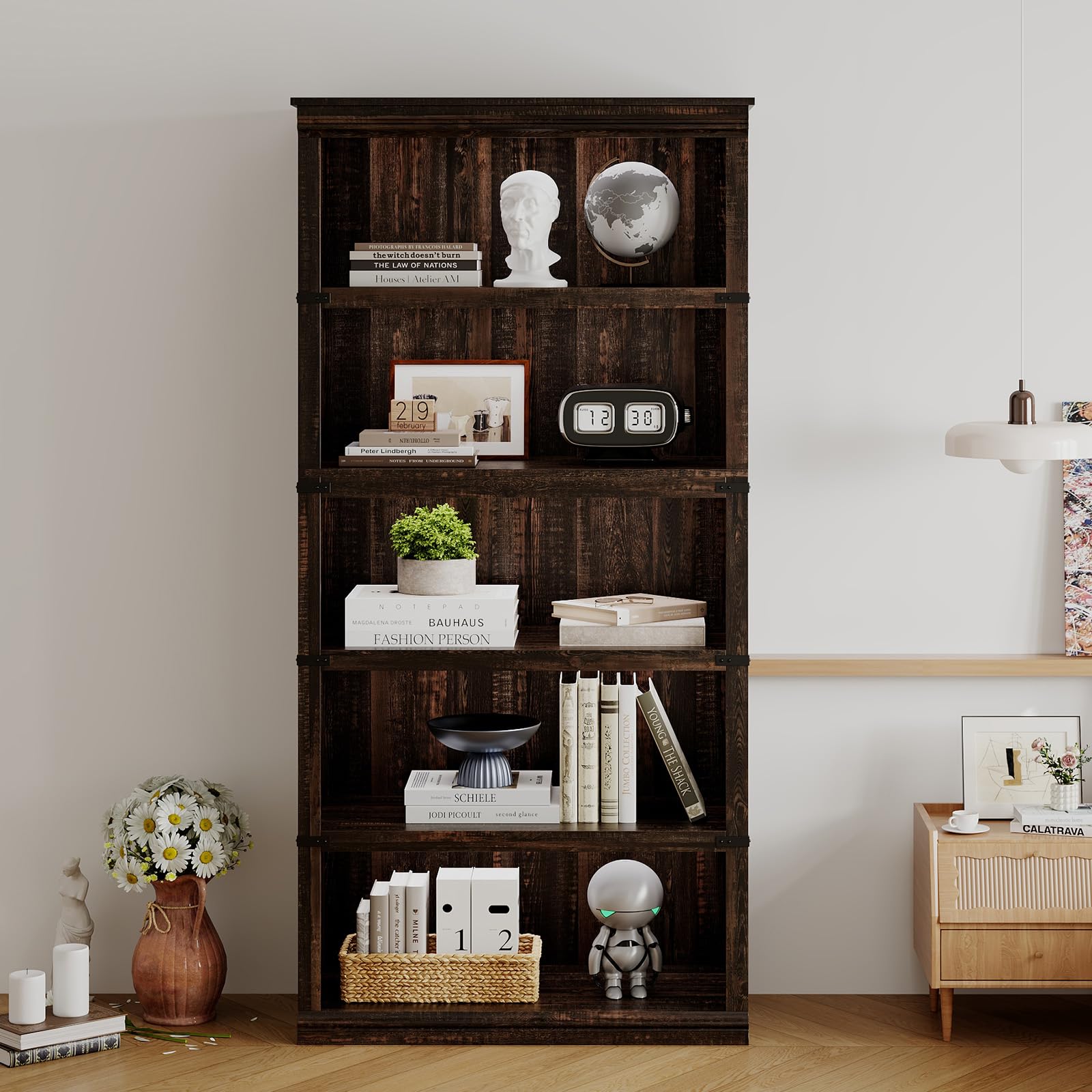 Zstar Librería de 5 Niveles Estanterías de Madera,Granja Moderno con Almacenamiento para Despacho, salón Dormitorio,80x32x171 cm Roble Oscuro
