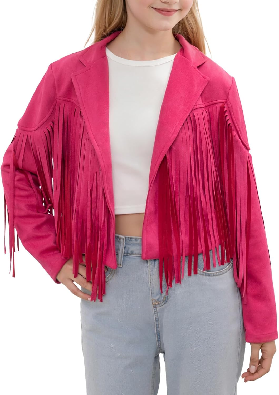 Noomelfish Girls Fringe Faux Suede Leather Jackets Kids Western Tassels Motorcycle Cardigan Cropped Coats (5-14 Years)