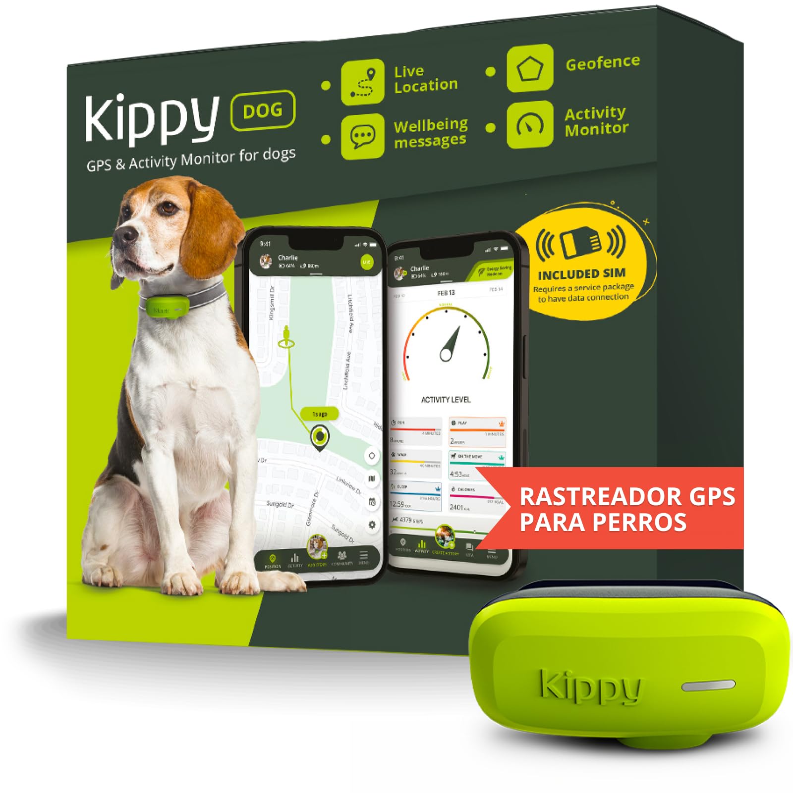 Kippy Dog | GPS para Perros - Rastreador GPS Impermeable para Perros con sujeción para Collar - Seguimiento de Actividad y Salud para tu Perro, con GEOFENCE y notificaciones - Color Verde