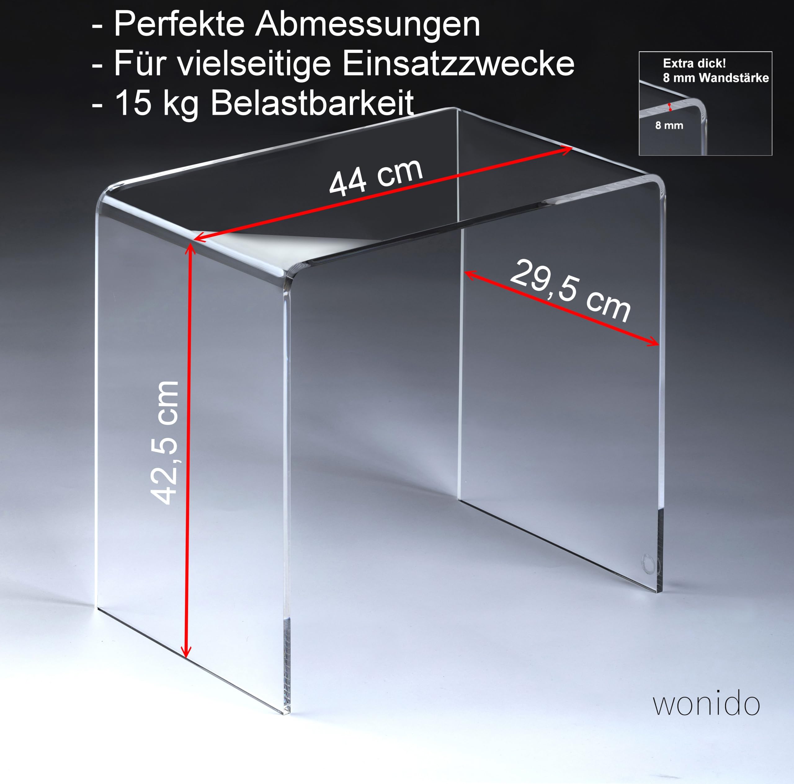 Hochwertiger Acryl-Glas Beistelltisch oder Nachttisch, transparent, B44 x T29,5 cm, H 42,5 cm, Acryl-Glas-Stärke 8 mm
