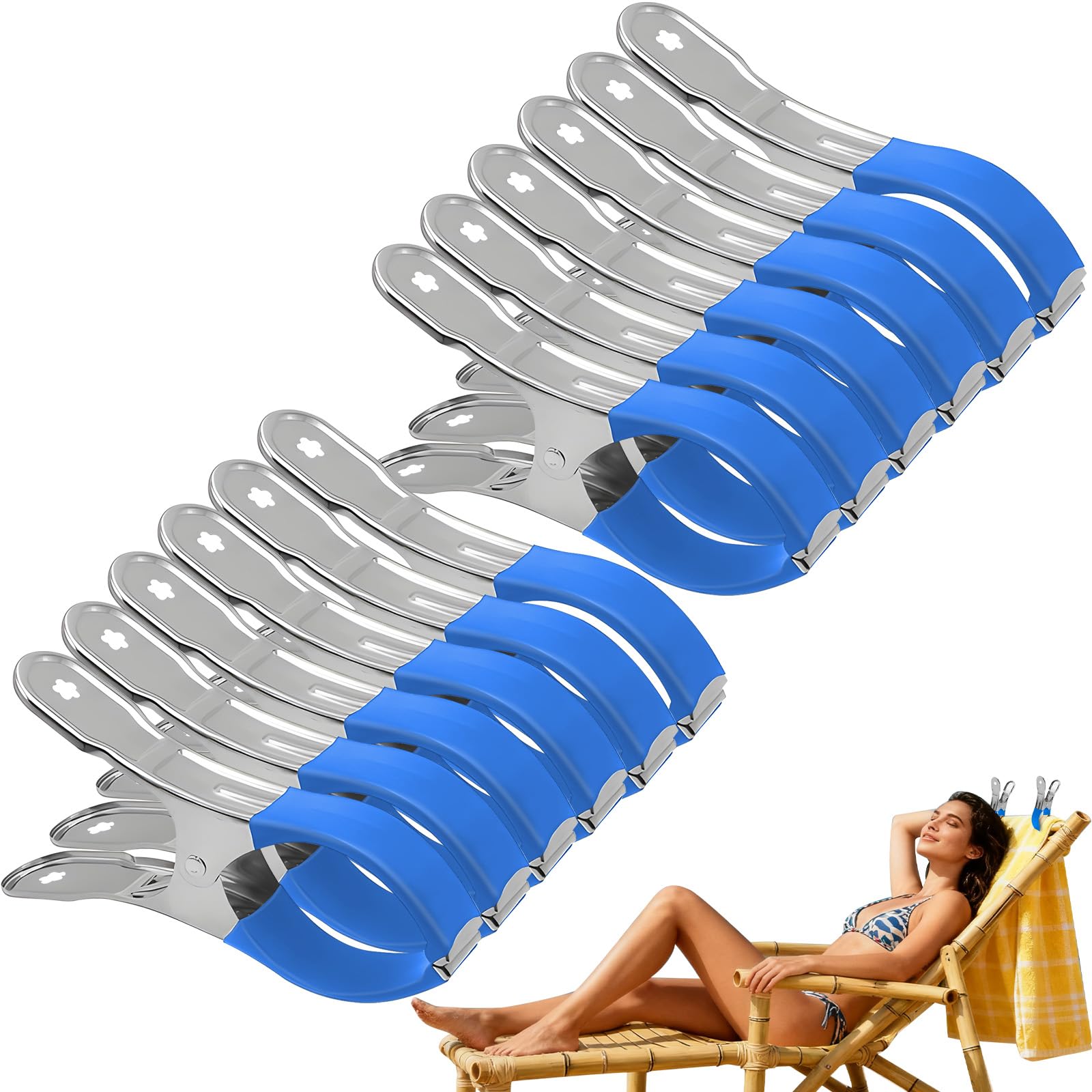 Pack De 12 Pinzas De Acero Inoxidable Para Tumbonas Y Toallas - Grandes, Resistentes Al Viento, Con Funda