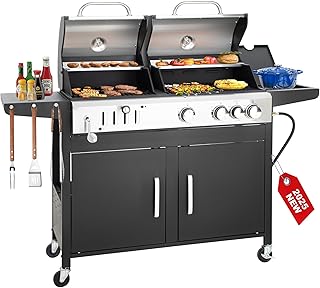 3 Burner Propane Gas and Charcoal Grill Combo with Side Burner & Porcelain-Enameled Cast Iron Grates, 37,000 BTUs 685 SQIN Dual Fuel Outdoor BBQ Grill for Patio Garden Picnic Backyard Barbecue Cooking