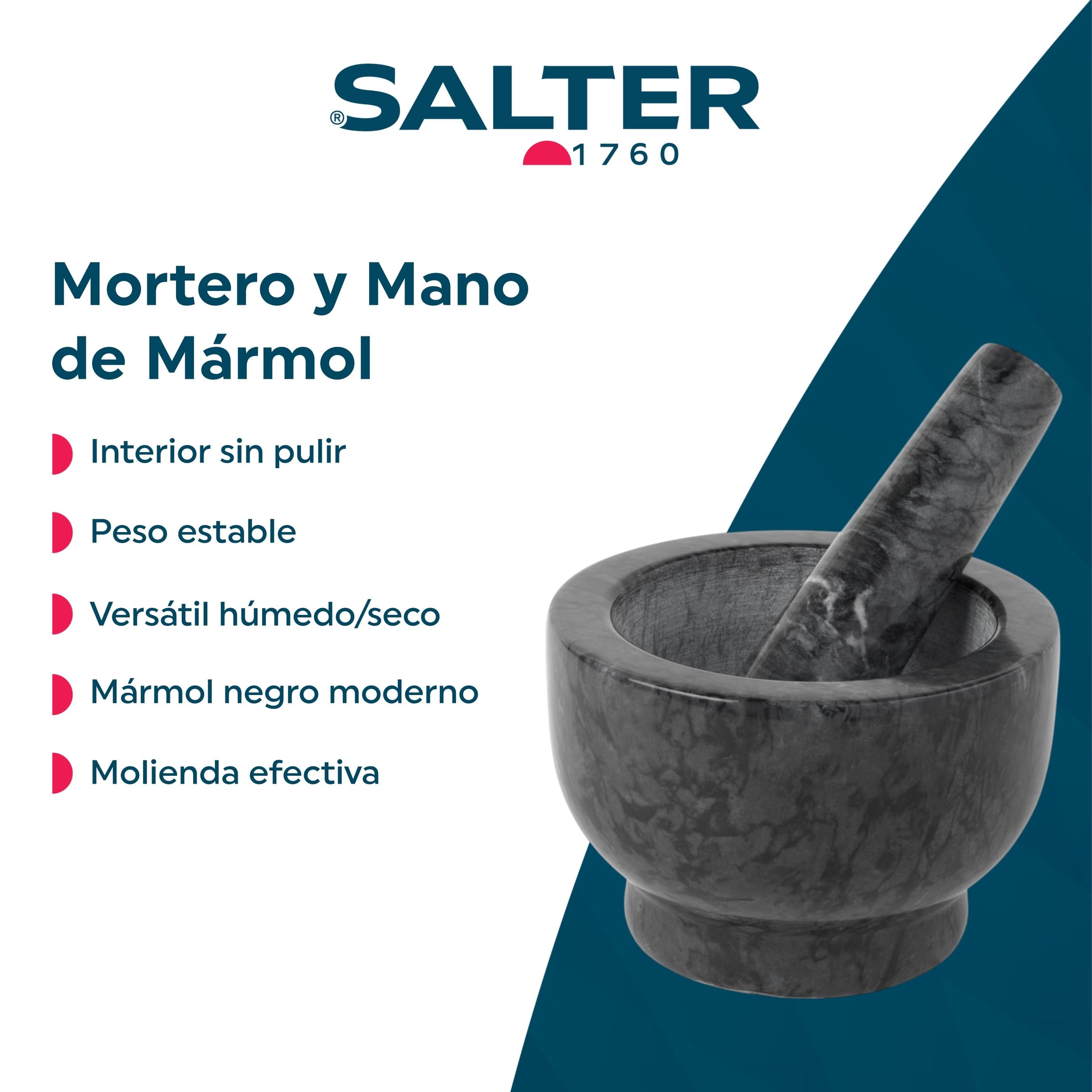Salter BW11852EU7 Mortero y mano de mármol - muela a mano hierbas y especias para pesto, machacador de ajo, marinados, aderezos, molinillo de especias, triturador de hierbas, peso elevado, negro
