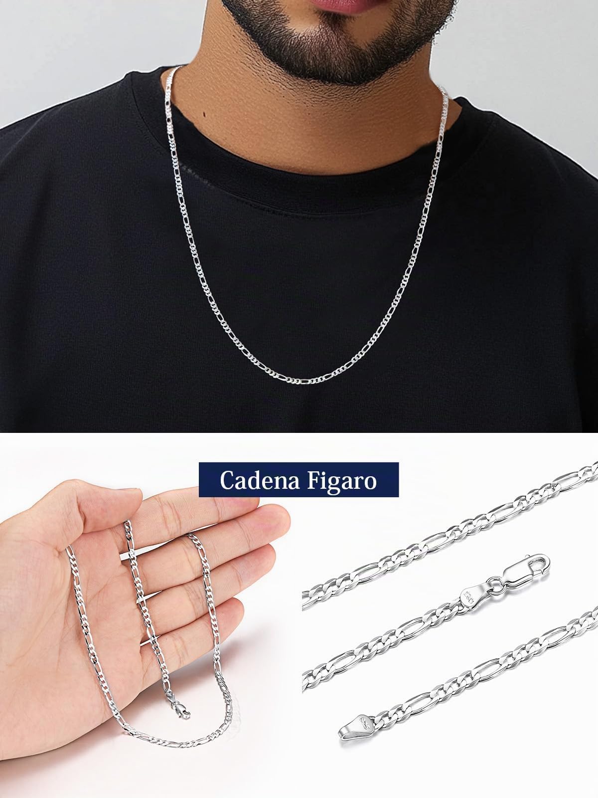 Suplight Cadena Plata Hombre Mujer, Plata de Ley 925 Collar Italiano de Cadena Cubana/Fígaro con Caja de Regalo, 3/5 mm Ancho 36/46/51/56/61/66/71 cm Largo, Joyería Hipoalergénica Básica