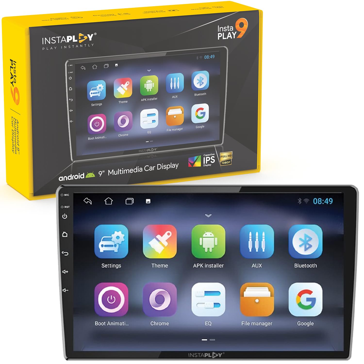 INSTAPLAYUniversal Android Car System | 9 Inch Full HD IPS Touchscreen Stereo Display | 2GB RAM, 32GB ROM | Bt & Wi-Fi Connectivity | Android 12 Double-DIN Multimedia Player with GPS & Navigation