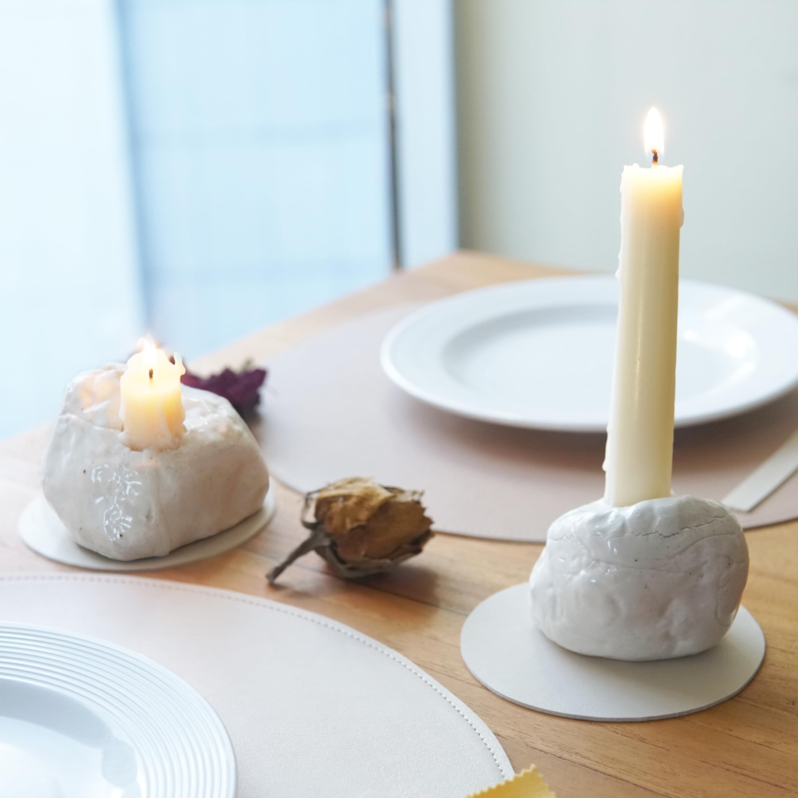 White Ceramic Candle Holders Set – Handcrafted Taper Candle Holders for Table Centerpiece | Modern Decorative Candlestick Holders for Dining Table, Wedding, Fireplace Mantel & Home Decor
