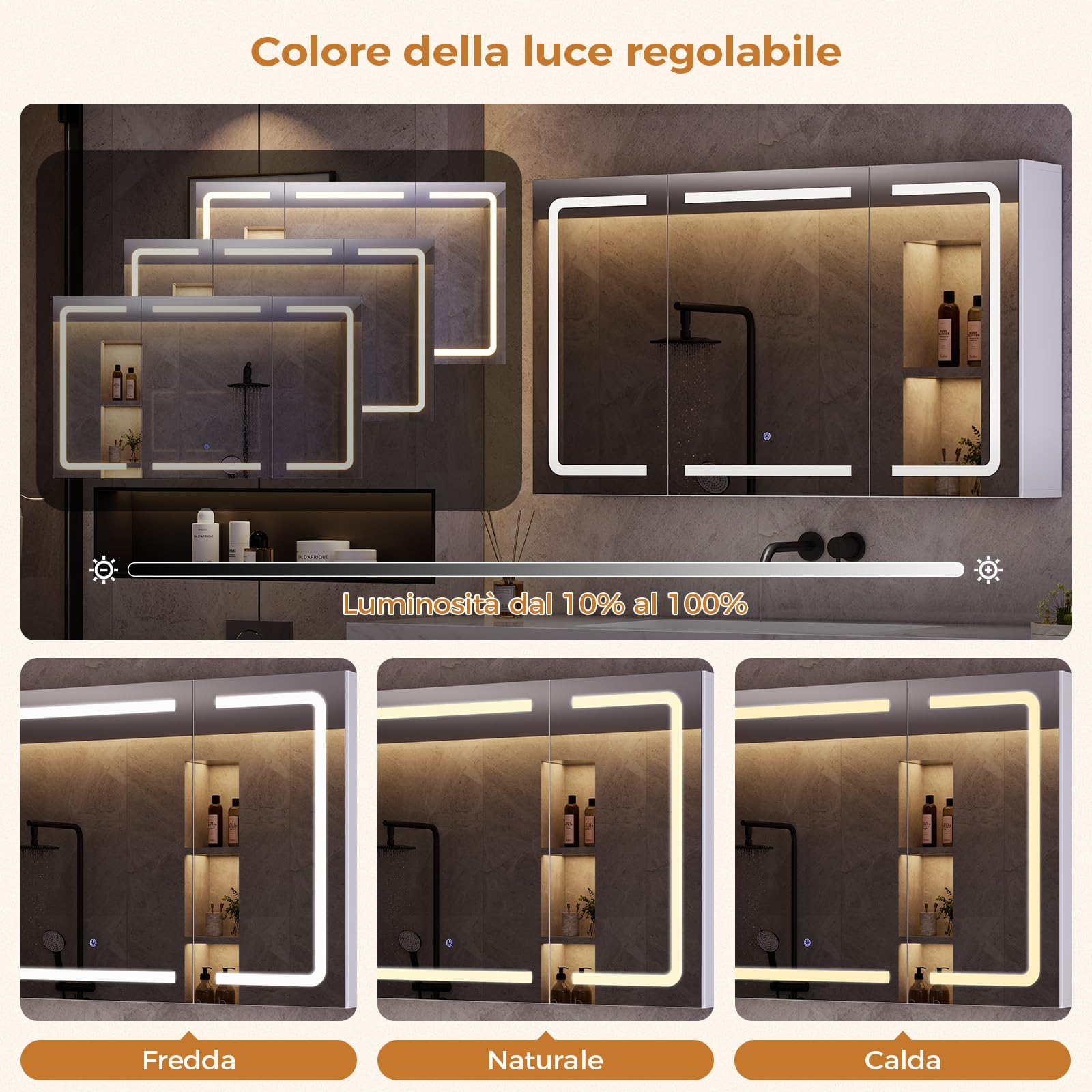 Specchio Bagno LED con 3 Ante e Presa– Design 360°, Memoria Luminosità,100x16x60 cm Mobiletto Specchio Bagno Sospeso | 3 Ripiani Regolabili, Bianco, Impermeabile Sospeso100x60 cm