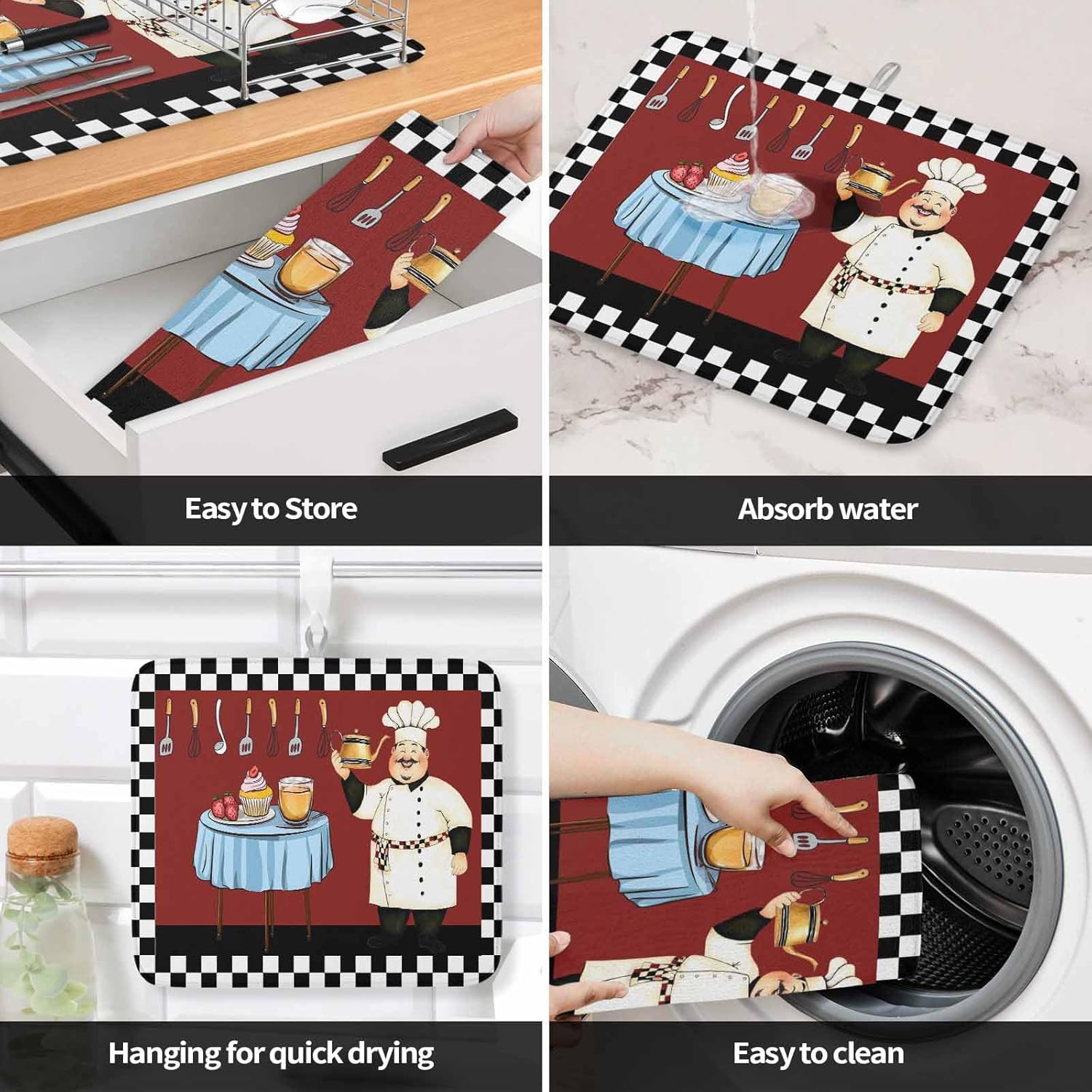 Farmhouse Cartoon Fat Chef Dish Drying Mat for Kitchen Counter, Retro Black White Plaid Baby Bottle Microfiber Drying Pad, Absorbent Coffee Cup Dishes Drainer Mats 18"x24"