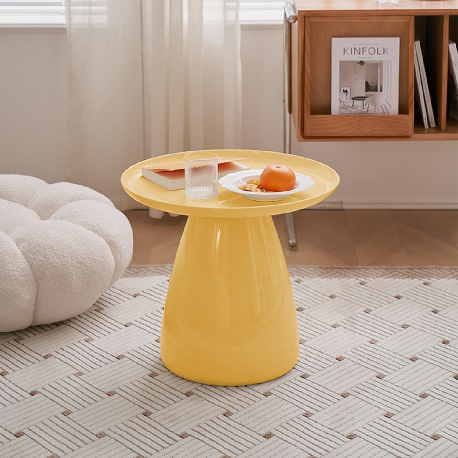Modern PET Round Coffee Table, Plastic End Tables Creative Bedside Tables Tabletop Coffee Table for Small Space Minimalist Side Table for Living Room, Bedroom, Garden, Balcony-Milkyellow Color