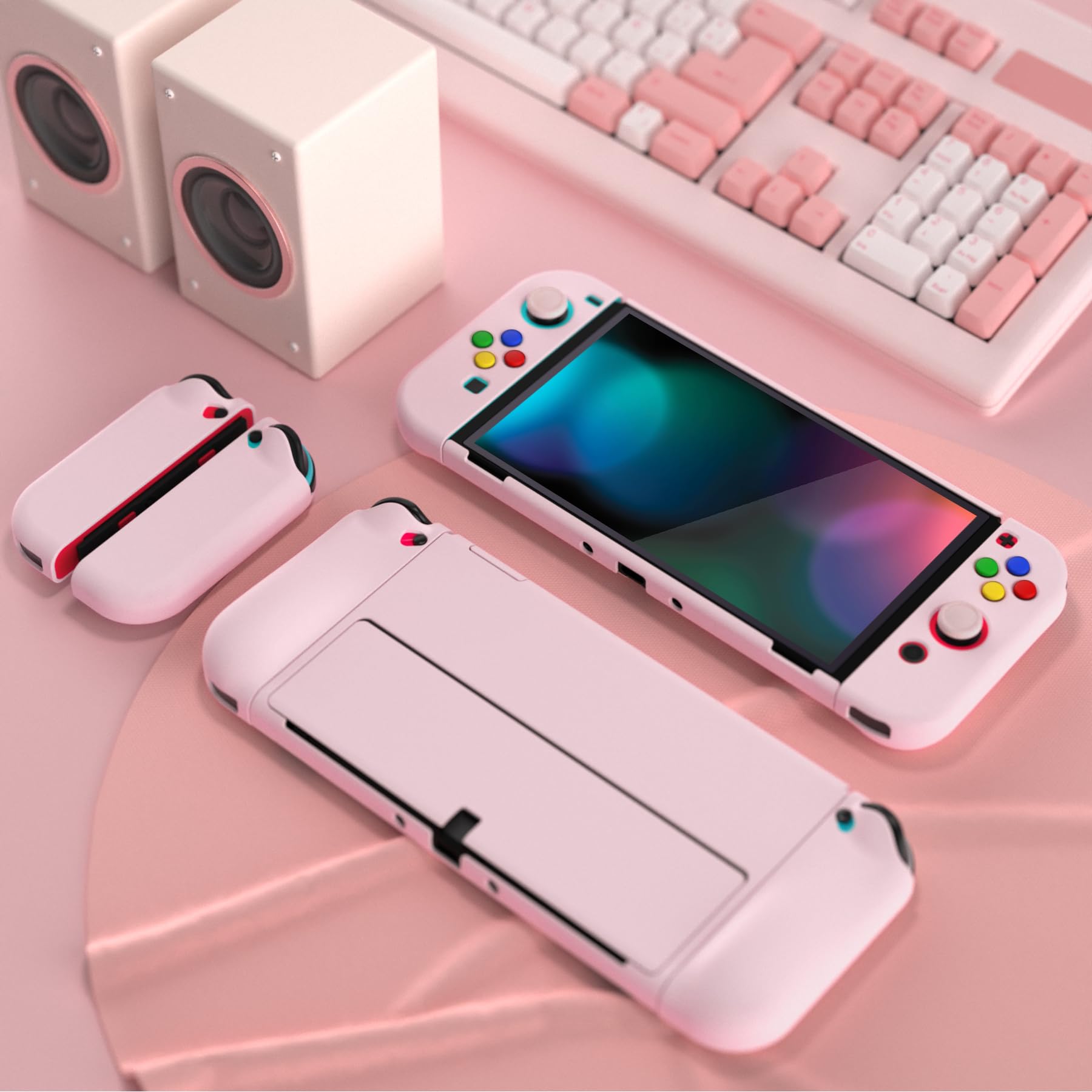 PlayVital Funda Protectora Ergonómica para Nintendo Switch OLED, Carcasa Rígida Antideslizante con Tapas para el Pulgar y Pegatinas Decorativas para Botones (Rosa)