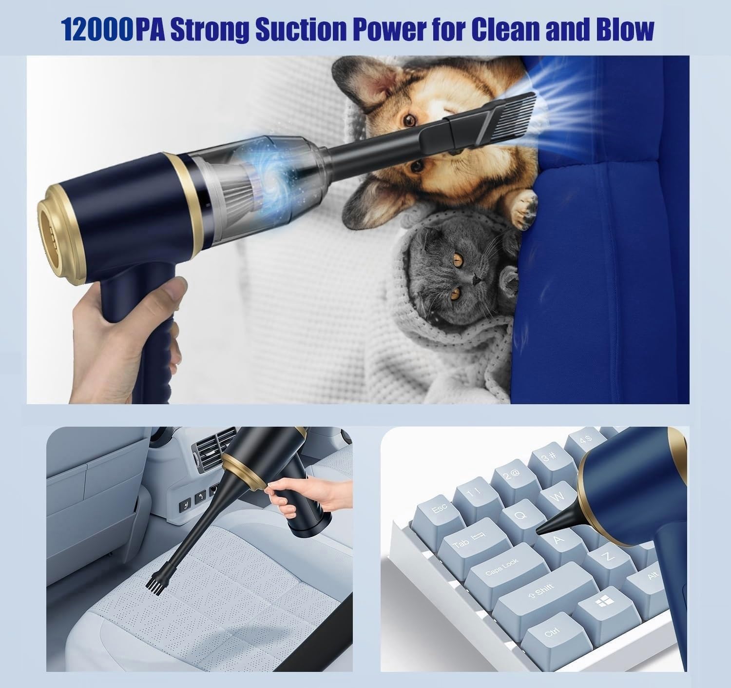 Car Vacuum Cleaner Cordless, 120W high Power Portable Mini Vacuum with 12000Pa Hand Held Vacuum Strong Suction, Electric Compressed Air Duster Blower for Car, Desk, Keyboard, Home