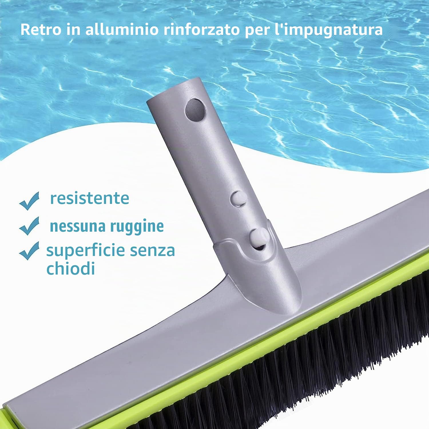 Spazzola robusta rotonda per piscina per pareti e piastrelle con retro in alluminio rinforzato, spazzola premium con setole resistenti