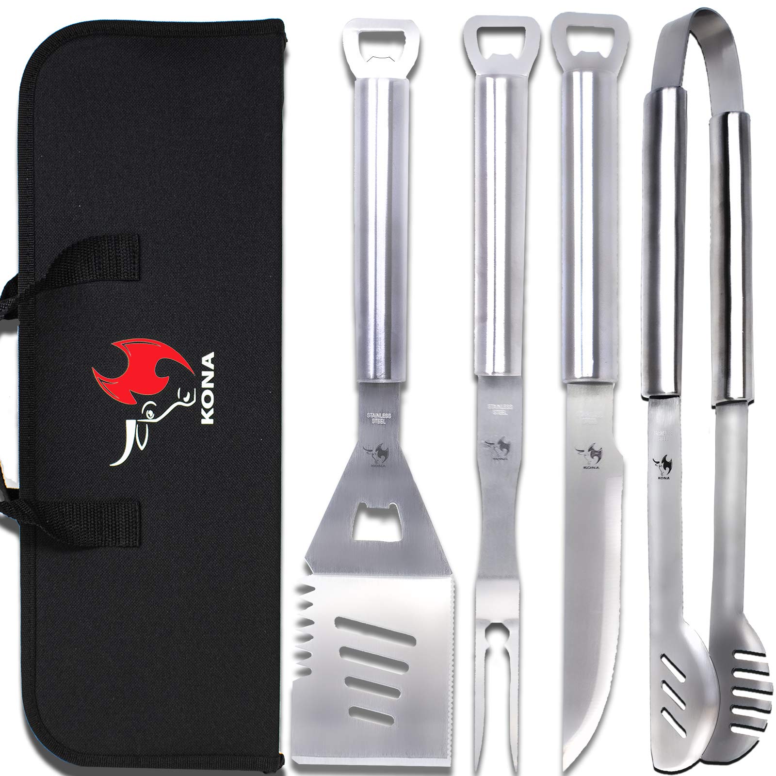 Kona BBQ Grill Tools Set with Case - 18 inches Long to Keep Hands Away from Heat, Premium Stainless Steel Grilling Utensils with Bottle Opener Handles - Makes A Great Gift