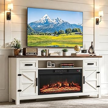 Fireplace TV Stand with Barn Door for TVs up to 80", Farmhouse Fireplace Entertainment Center with Storage Cabinets, 70 inch, White