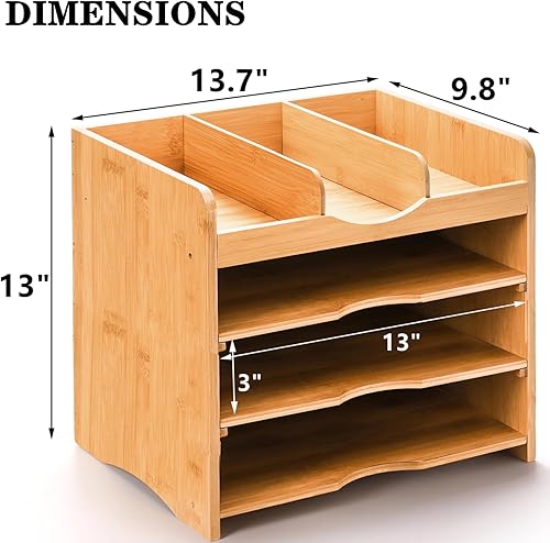 Miniatura 2 de DEAYOU Organizador de archivos de escritorio de bambú, clasificador de bandejas de documentos de 13 pulgadas con 2 estantes ajustables, organizador