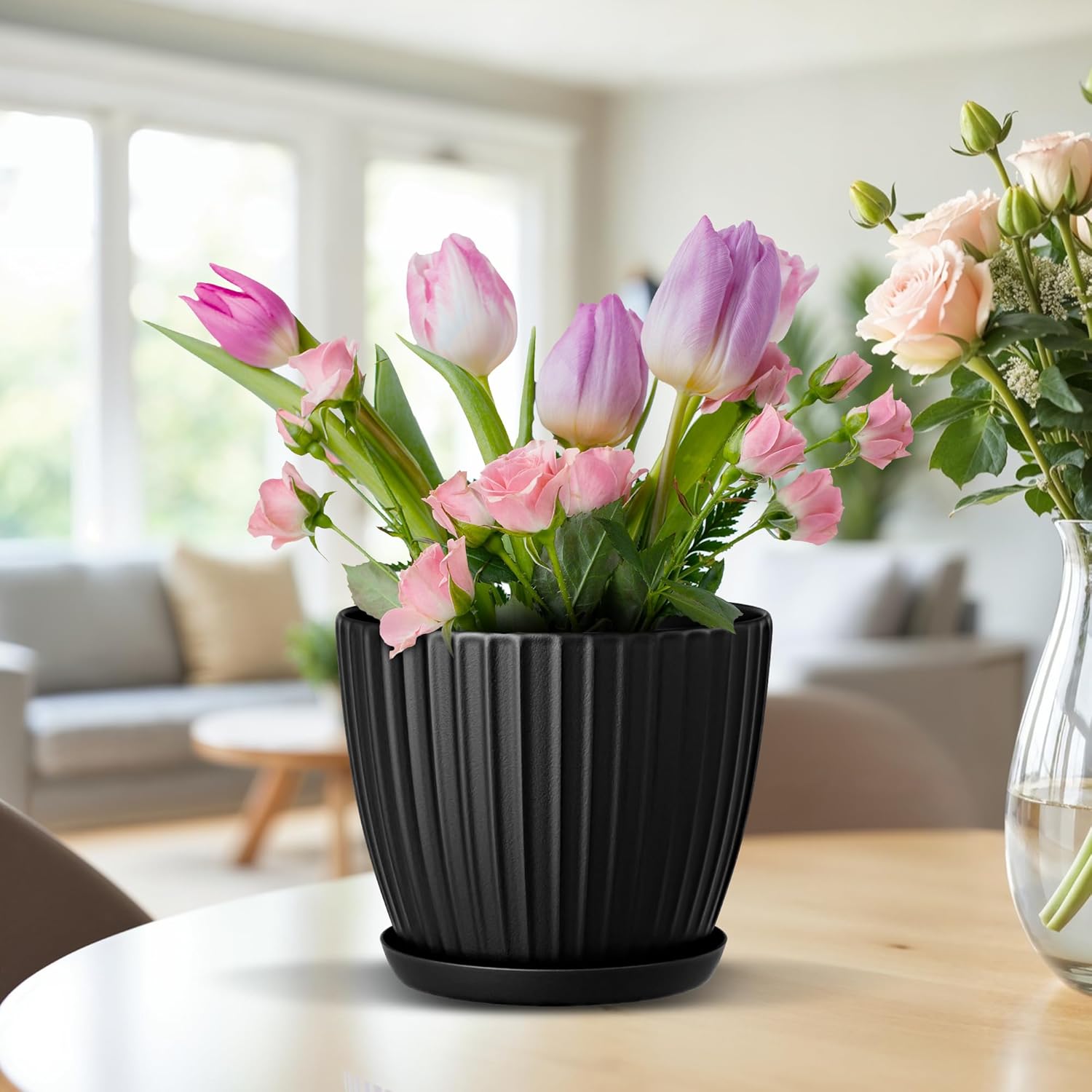 Black 6-Inch Plant Pots with Drainage & Saucers 12 Pack, Indoor & Outdoor Planters for Houseplants, Herbs, and Flowers, Durable & Weatherproof Material, Stackable, Lightweight, Minimalist Design