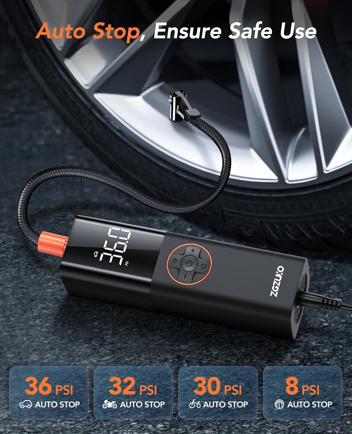 ZGZUXO portable tire inflator connected to a car tire, displaying auto-stop pressures for car, motorcycle, bicycle, and ball.