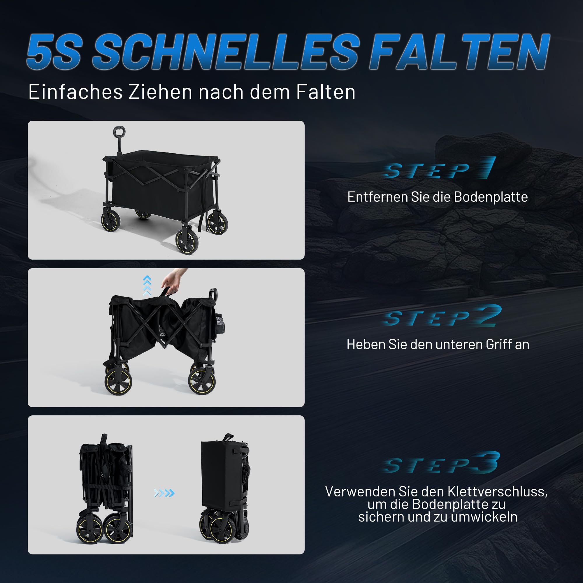TIMBER RIDGE Bollerwagen Faltbar 200L mit Getränkehalter Verstellbarem Griff, Handwagen Klappbar Transportwagen für Alle Gelände, 150KG Belastbar