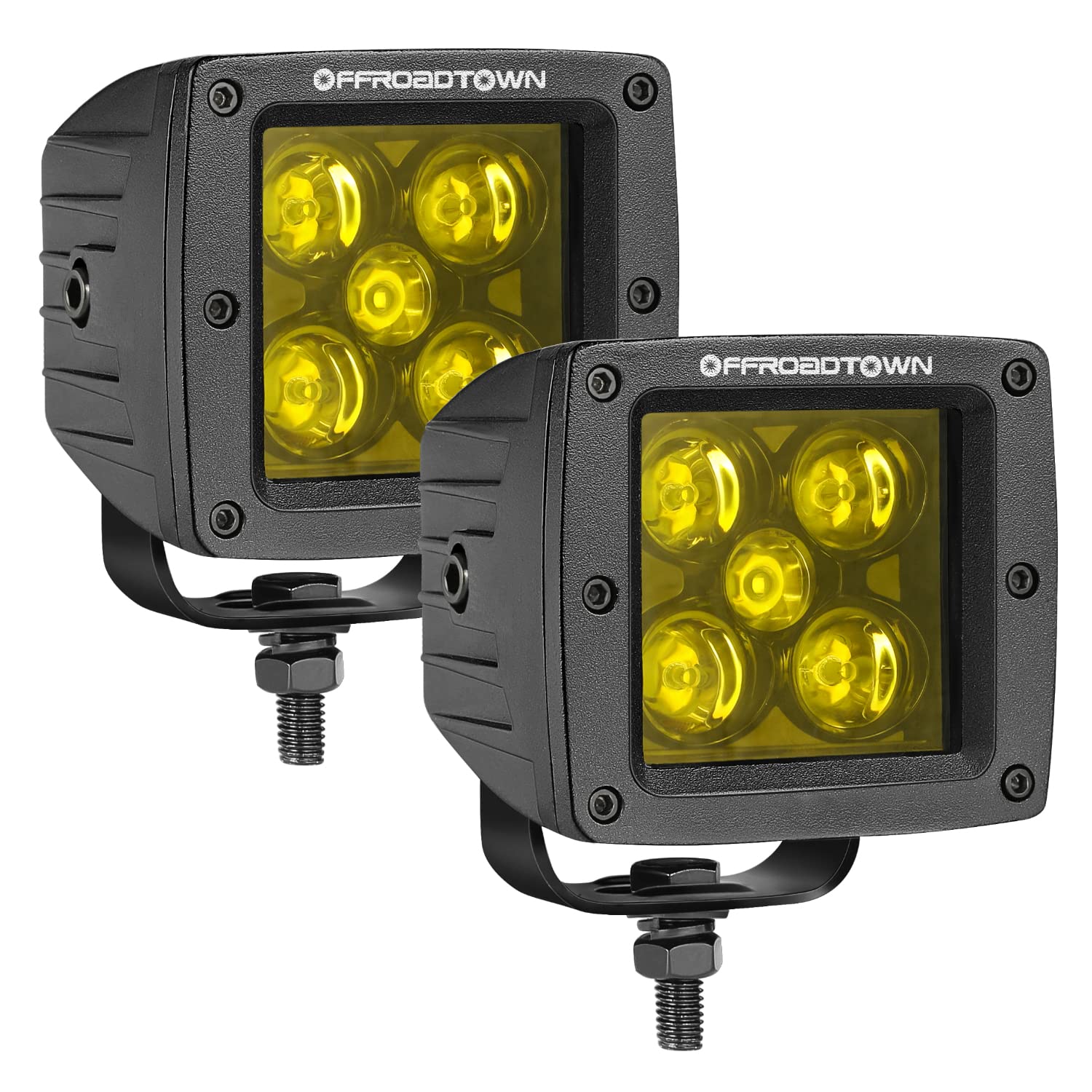 Yellow LED Pods, OFFROADTOWN 100W 2PCS 3 Inch CREE LED Cubes Light Spot Beam Off Road Driving Lights LED Pod Lights Square Led Cubes Yellow Fog Light Ditch Lighting for Trucks UTV ATV SUV Surron Boat