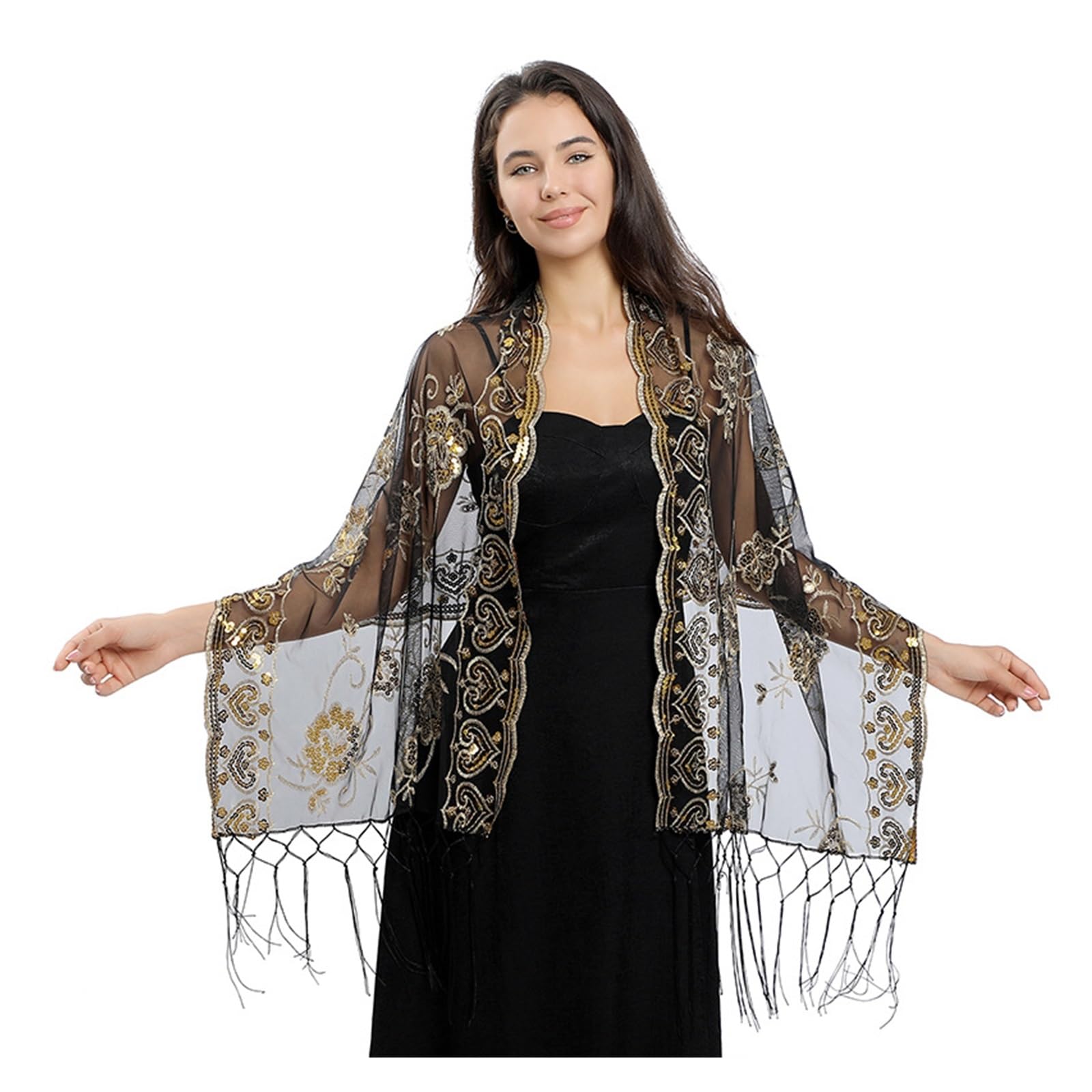 Chal De Noche Chales de lentejuelas con bordados florales for mujer, vestidos de noche, chal for novia, dama de honor, capas de boda, bufanda de hombro(Black Gold)