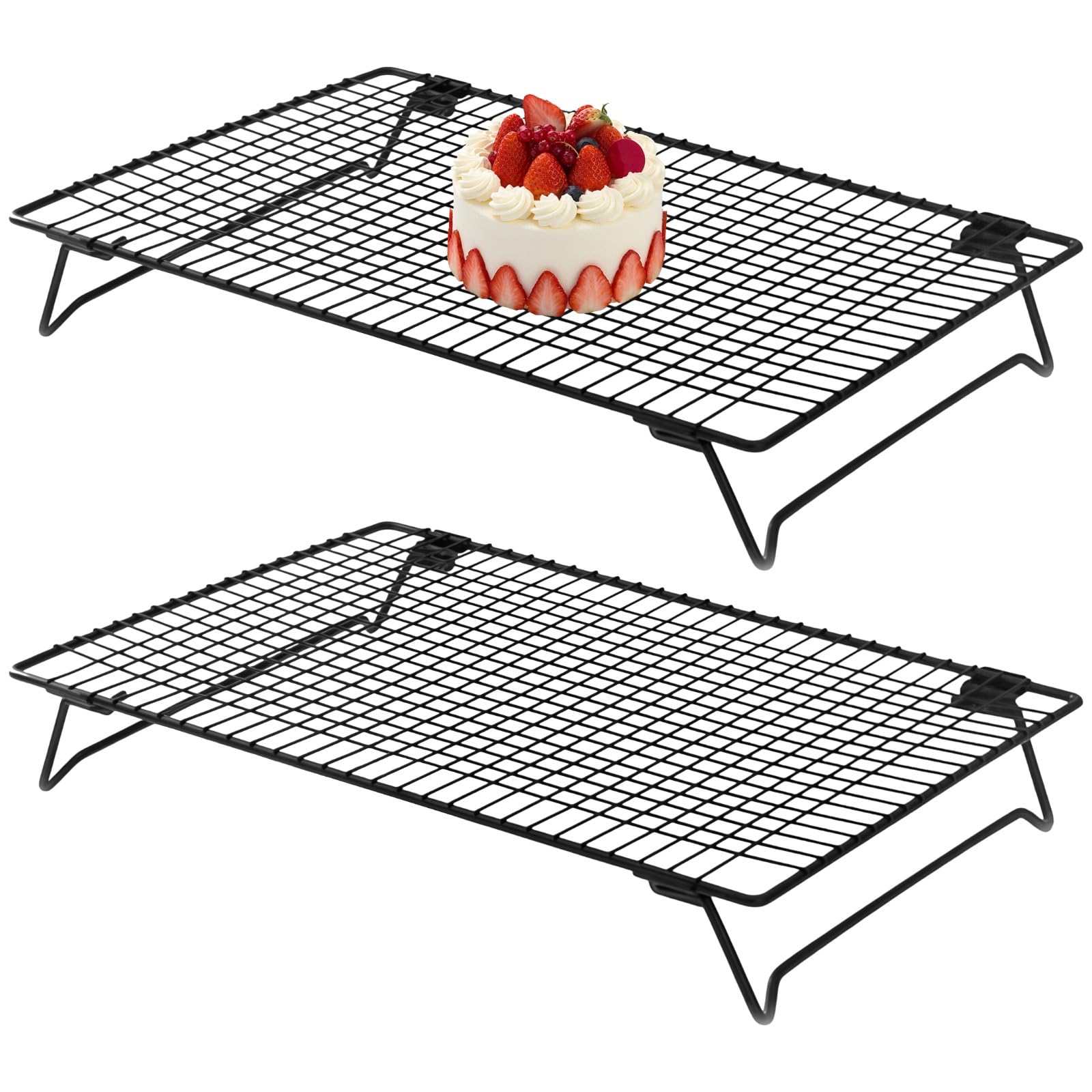 Lot de 2 grilles de refroidissement pour biscuits, acier au carbone, plateau pliable antiadhésif, empilables pour pain et pâtisseries, support pour ordinateur portable, 34 cm x 24 cm x 6 cm