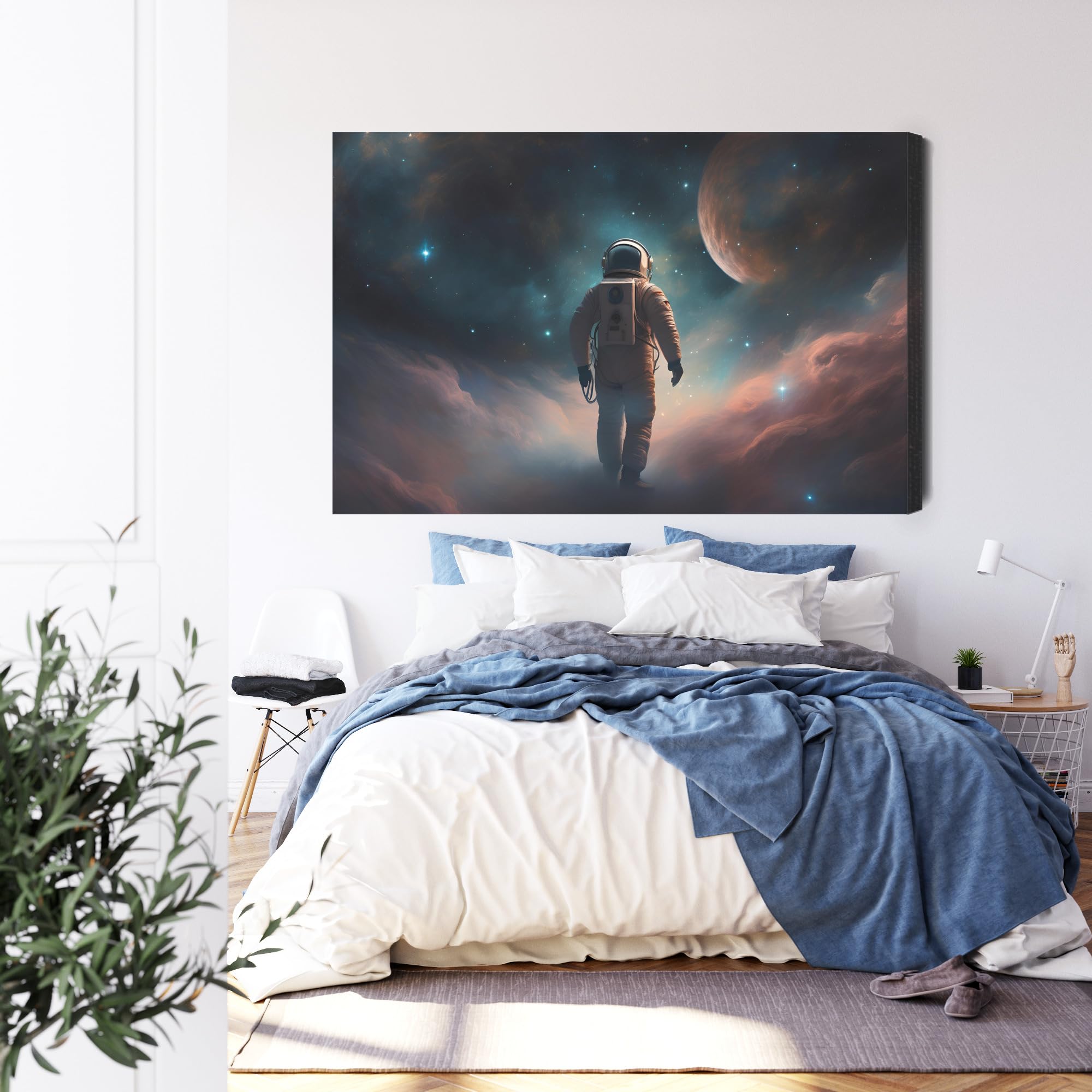 WALLERO Impression sur toile, espace, astronaute, lune, planètes, édition 5, 100 x 70 cm