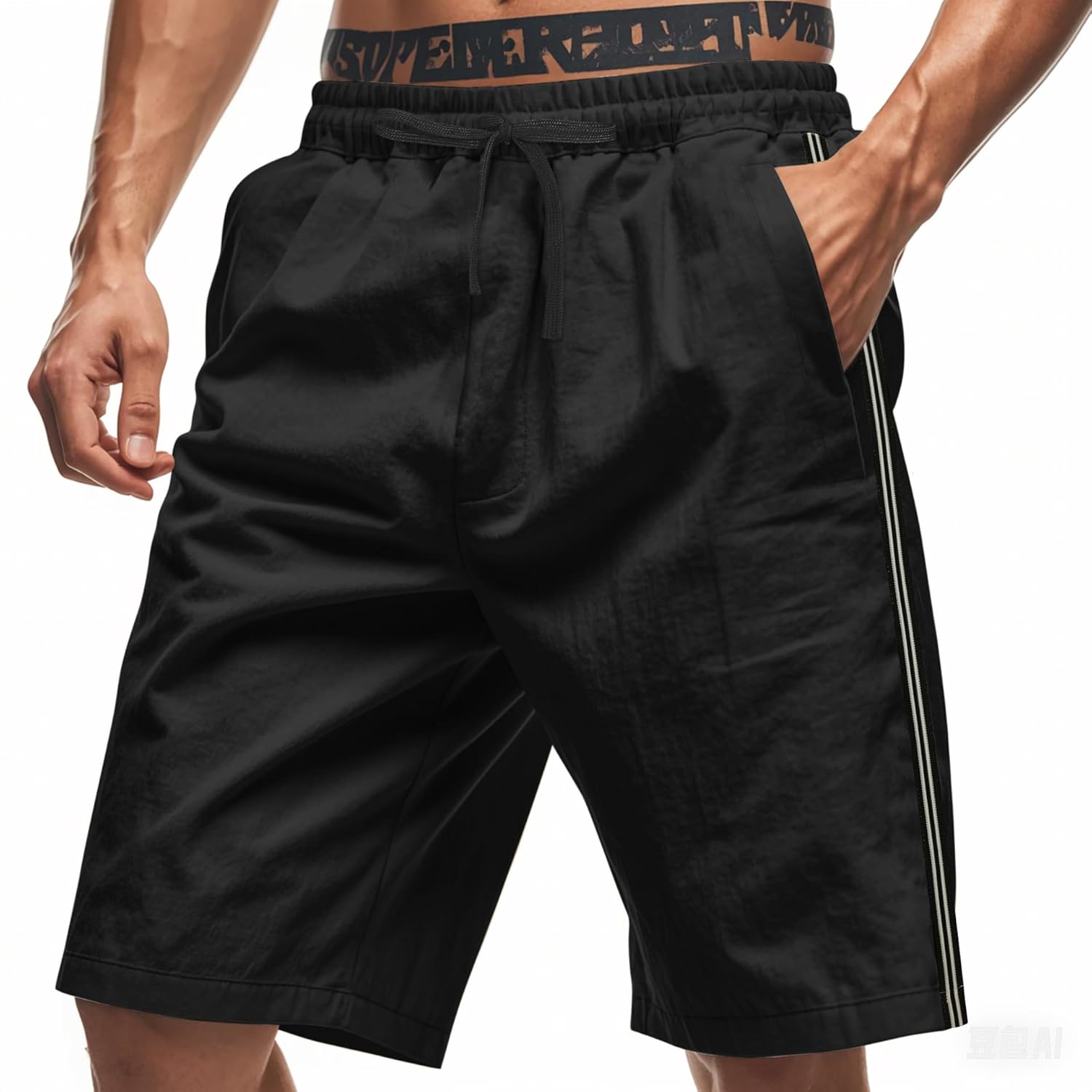 Mens Summer Striped Shorts Solid Color Elastic Waist Drawstring Beach Pants with Pockets Sports Fitness Pants