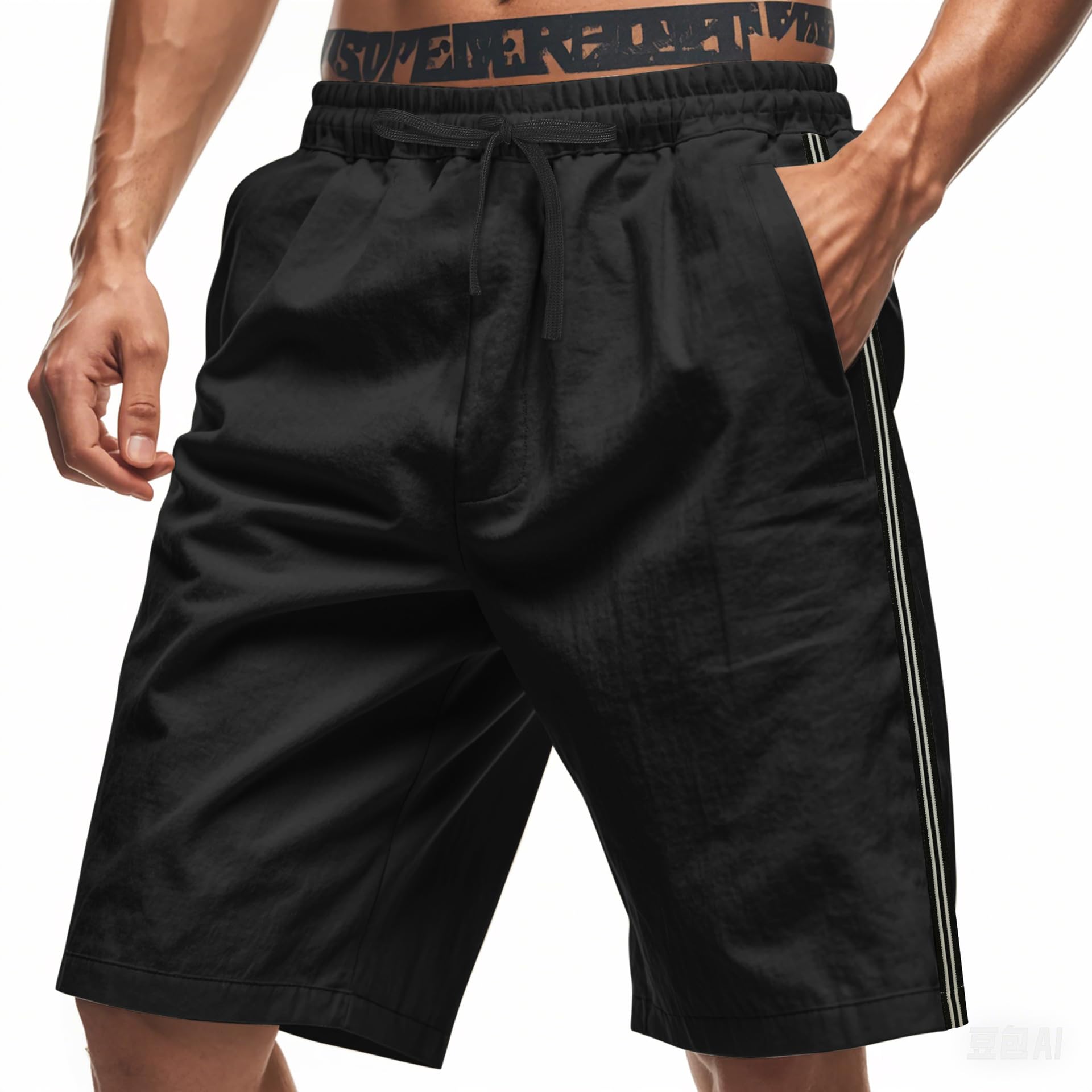 Mens Summer Striped Shorts Solid Color Elastic Waist Drawstring Beach Pants with Pockets Sports Fitness Pants