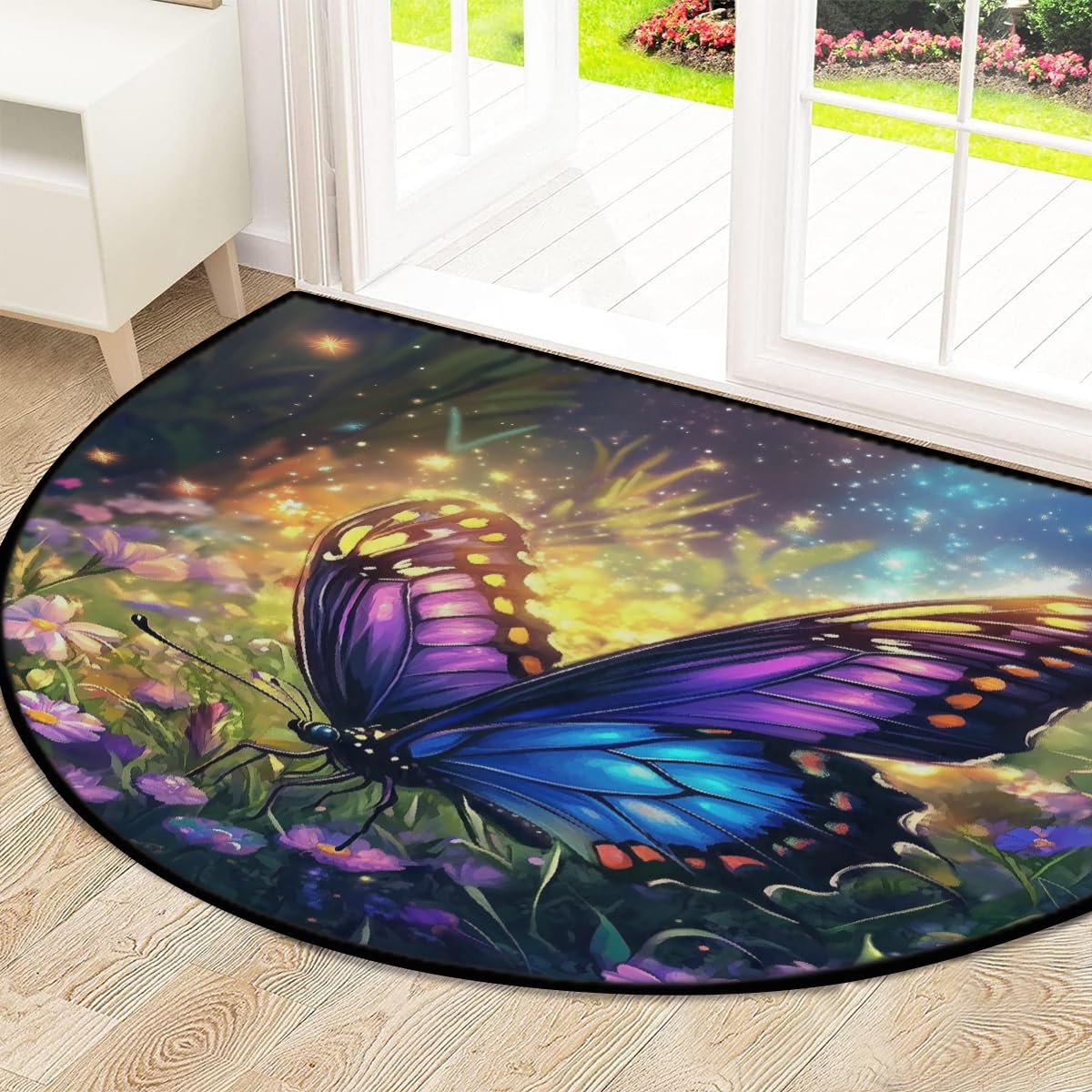 Mexpekil Beau paillasson demi-lune pour intérieur et extérieur - Motif papillon et fleur - Demi-cercle - Tapis de sol antidérapant - Lavable - Attrape la saleté - 100 x 160 cm
