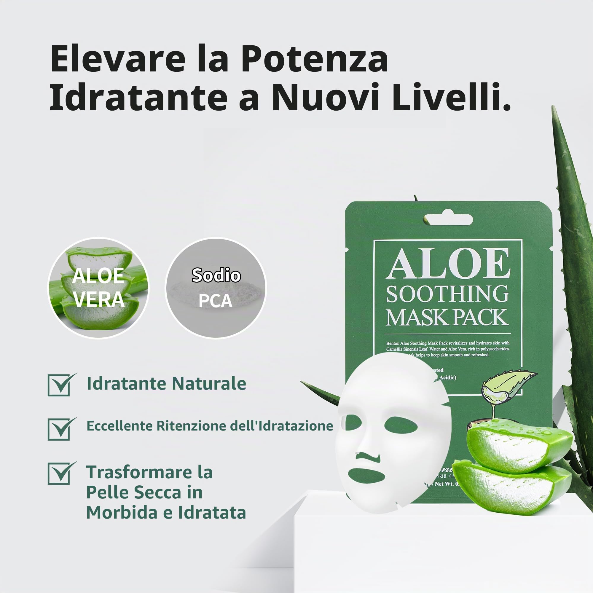 BENTON Maschera lenitiva all'aloe da 23 g, confezione da 10 – Aloe e foglie di tè verde contenute in acqua, maschera idratante e rinfrescante per il viso, fresca idratazione e effetto rinfrescante