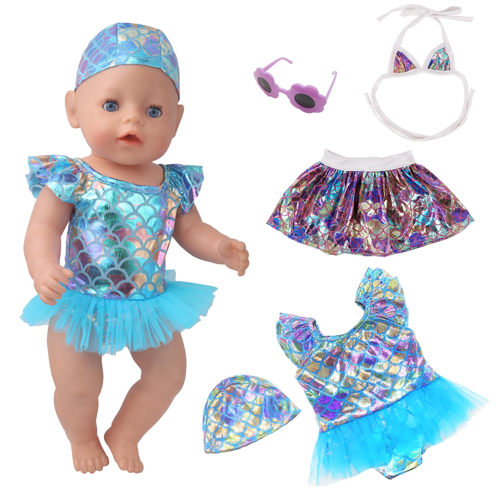 Xerteam Doll Clothes for 14-18 Inch Baby Doll, 2 Sets Swimming Dolls Clothes, Bikini Swimsuit, One-Piece Swimsuit, Cap
