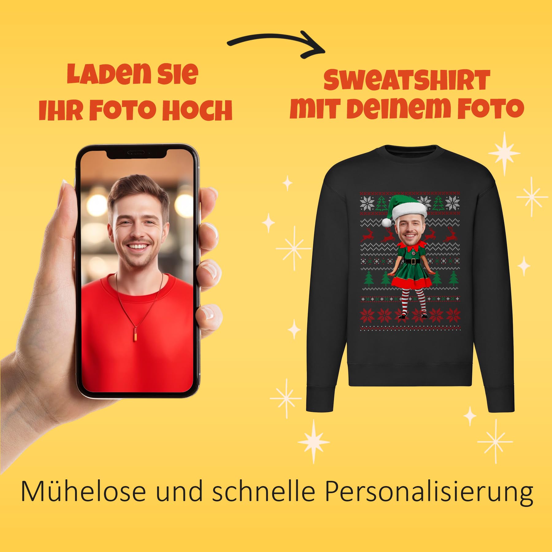 BLAK TEE Personalisierte Geschenke Weihnachtspullover Kinder mit Einem Foto —Schwester Elf— Weihnachtspullover Familie Set — Hässliche Weihnachtspullover Mädchen und Jungen Schwarz4 12