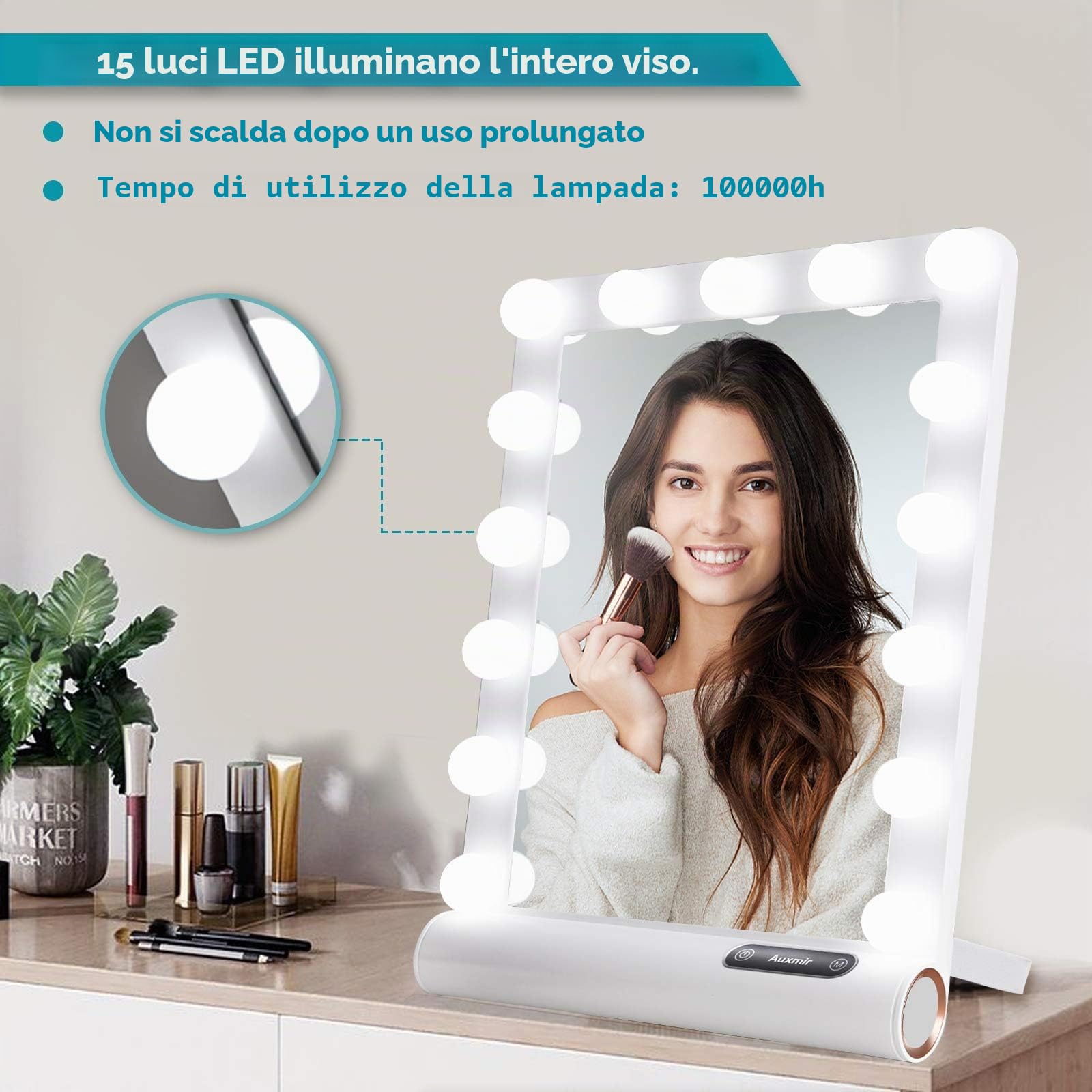 Auxmir Hollywood Specchio Trucco con Luci 15 LED 3 Colori Specchio Cosmetico Illuminato Luminosità Regolabile a Interruttore a Tocco Specchio da Tavolo per Trucco, Lenti Contatto e Cura del Viso