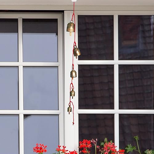 Miniatura 7 de Campanas de viento rústicas hechas a mano con 5 campanas de metal recubiertas de latón (30 pulgadas), campana colgante bohemia para patio al aire