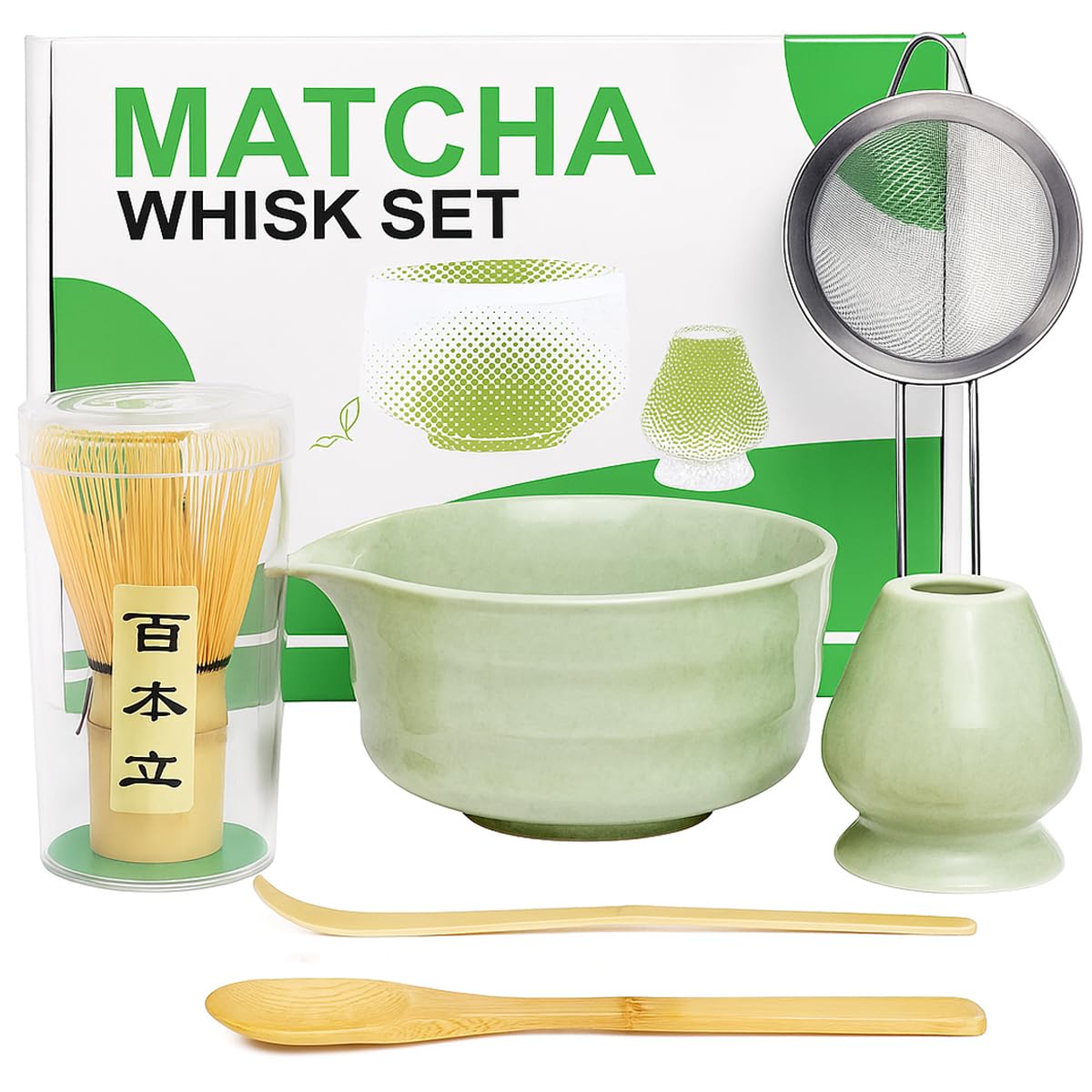 Tawaqal Matcha Whisk Set 6 Pcs, Traditional Japanese Matcha Tea Set with Ceramic Bowl & Whisk Holder, Bamboo Whisk, Scoop & Spoon, Stainless Steel Sifter, Complete Matcha Kit for Smooth Frothy Tea