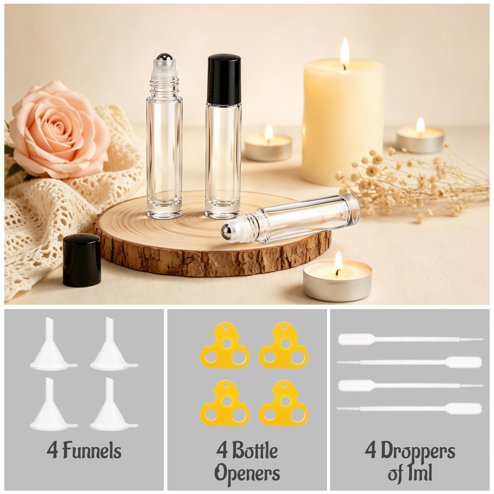 50 bottiglie roll-on da 10 ml in vetro trasparente per oli | Bottiglie in vetro trasparente per oli essenziali e profumi; 50 pezzi con sfere in acciaio, tappi neri, imbuti