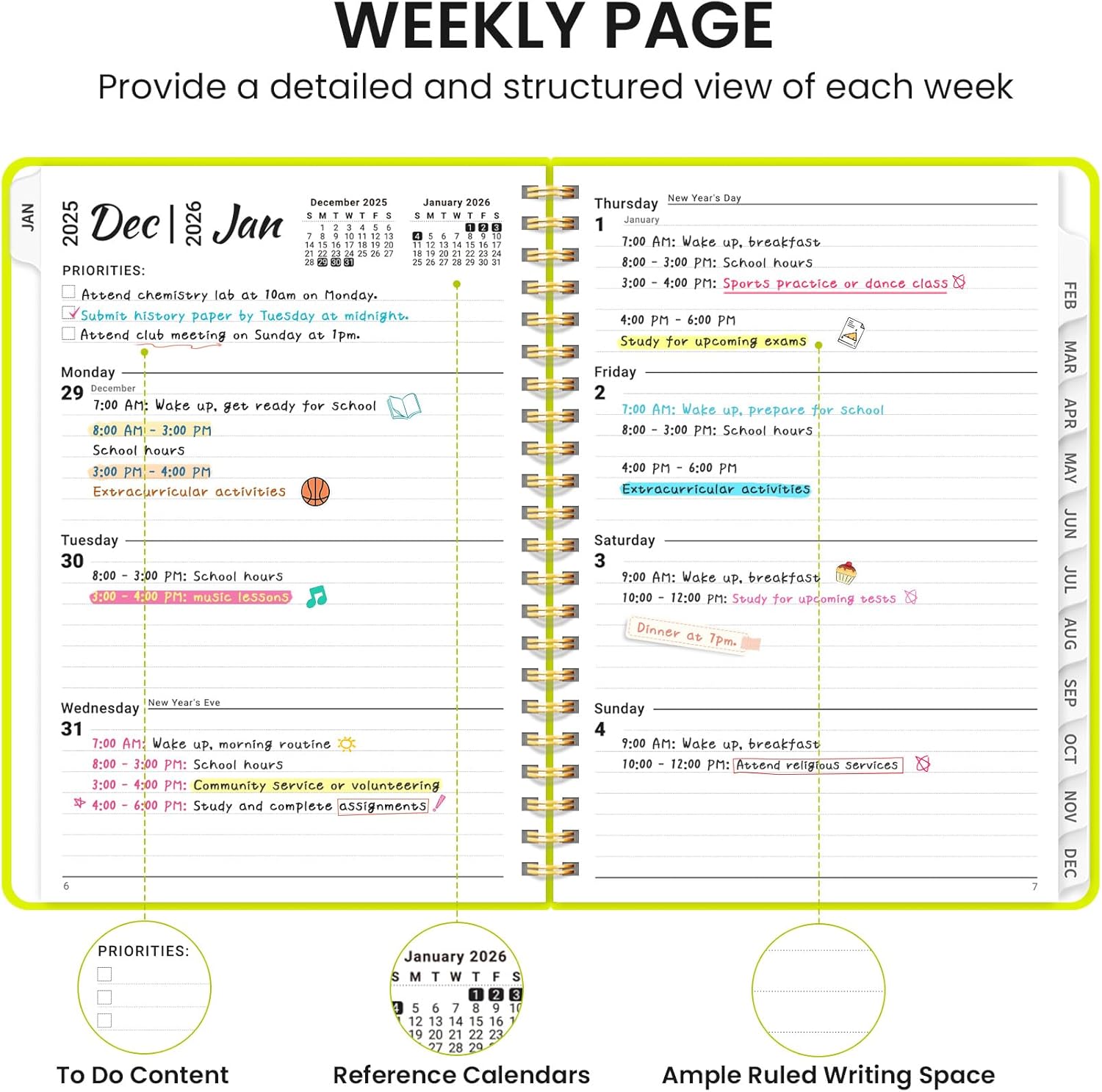 2026 Planner, Weekly and Monthly Calendar Planner, January 2026 - December 2026, Hardcover 2026 Calendar Book with Tabs For Women & Men, Inner Pocket, Spiral Bound, Perfect for Office Home School Supplies - A5 (6.3" x 8.5"), Lemon Yellow - Image 3