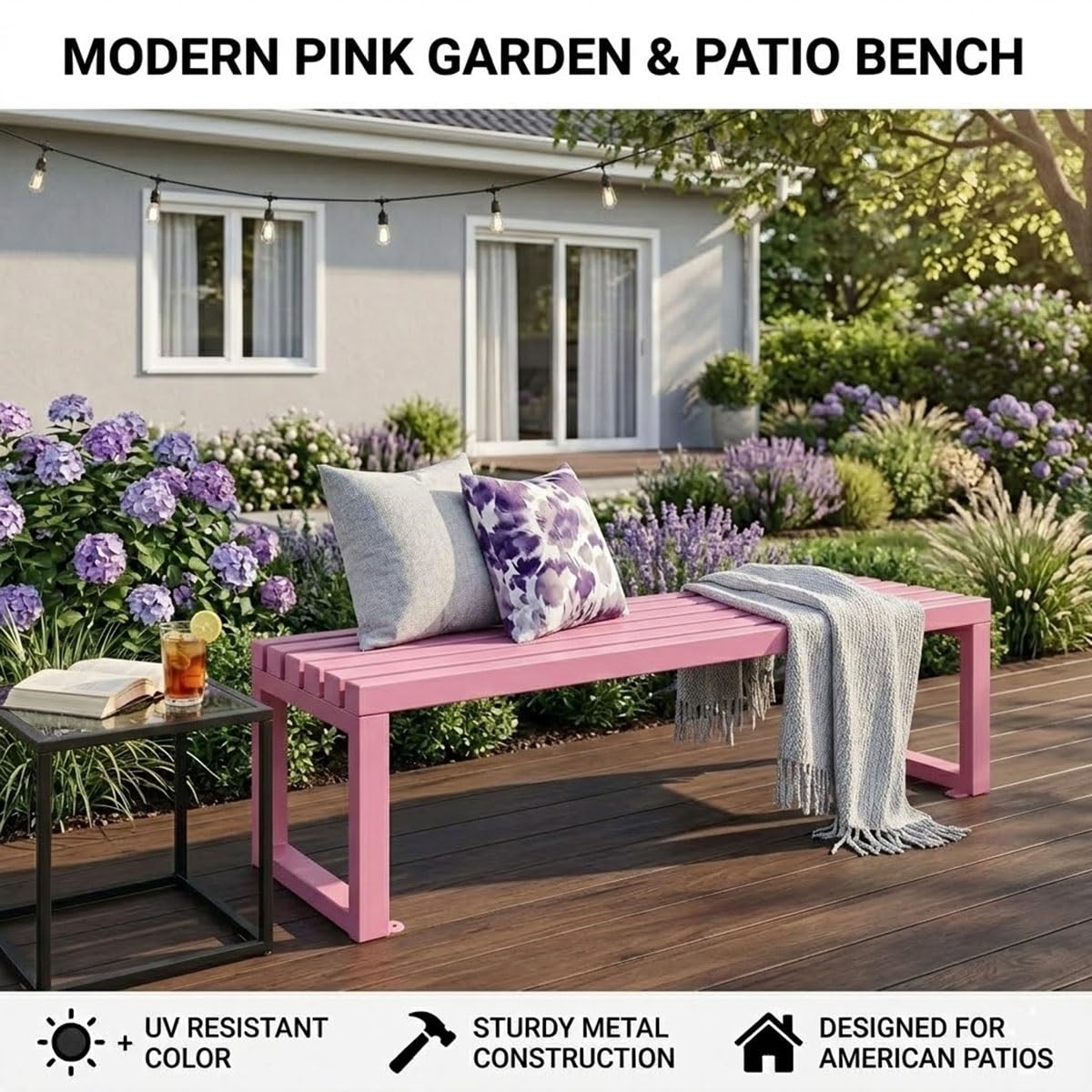 Banco de Exterior Diseño Moderno Banco de Jardín de Metal Resistente a la Intemperie sin Respaldo Mueble de Jardín para Porche Entrada y Paseo Estable 100/120/145/180 cm DIY