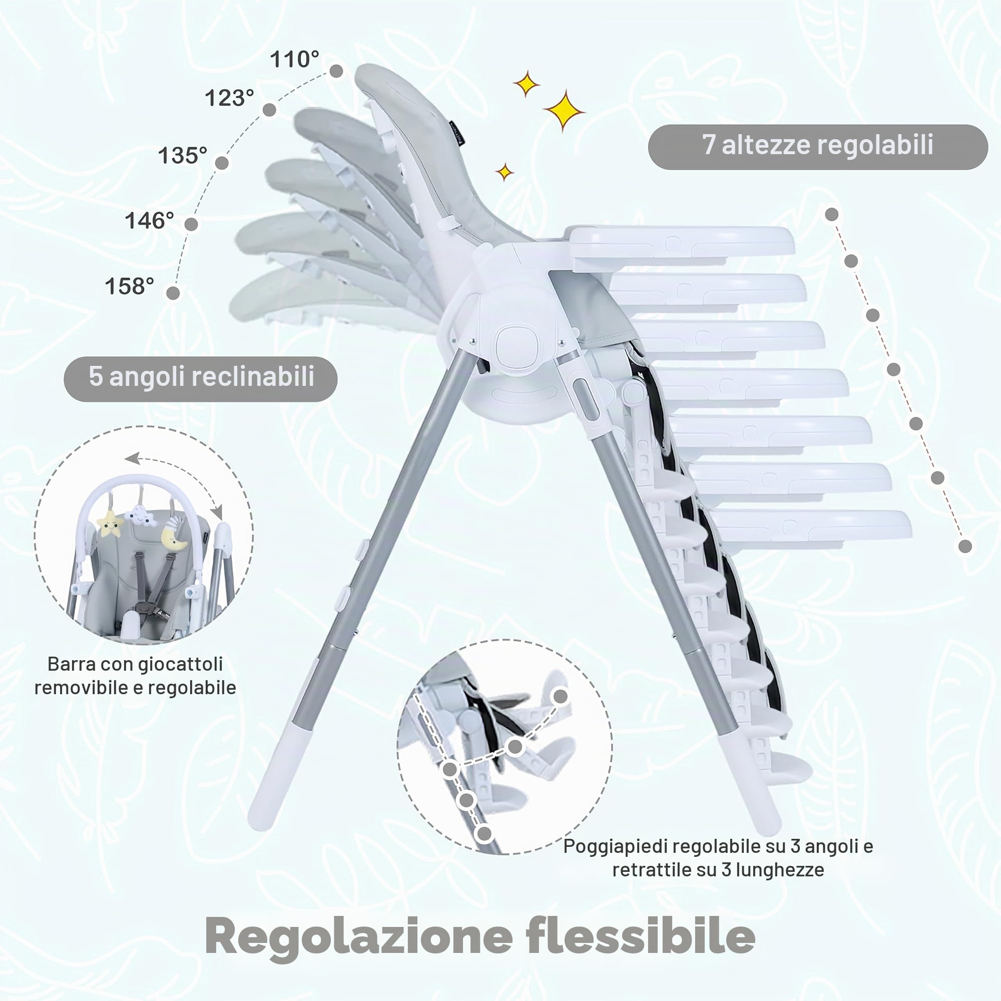 LIFEZEAL Seggiolone Pappa Evolutivo per Bambini 6-36 Mesi, Sedia, Sediolone, Altezza Regolabile, Pieghevole, Reclinabile, Cintura di Sicurezza, Pioggiapiedi, 2 Vassoi, Ruote, Giocattoli, Grigio Chiaro