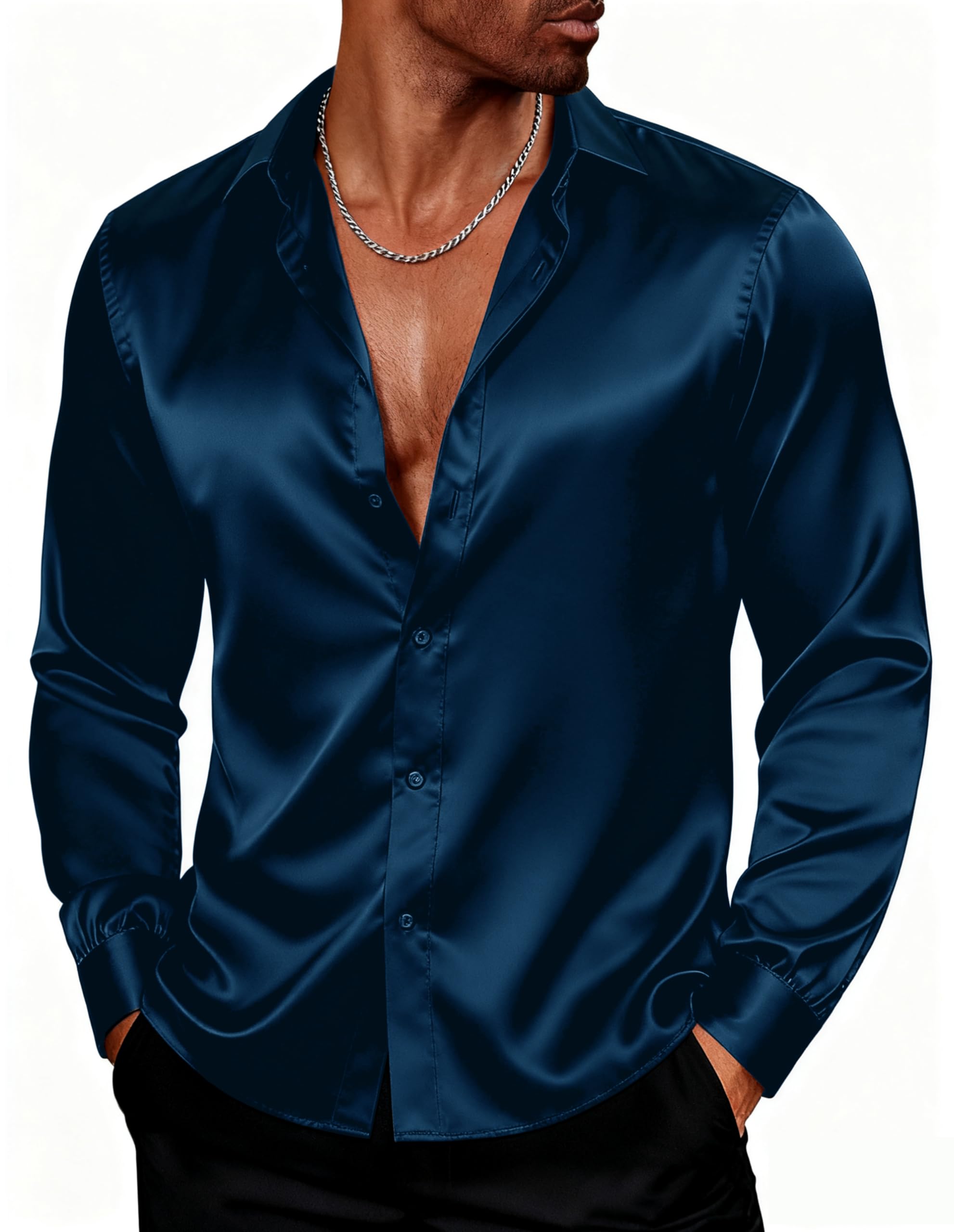 PJ PAUL JONES Men's Shiny Satin Dress Shirts Long Sleeve Button Down Silk Shirt with Bow Tie