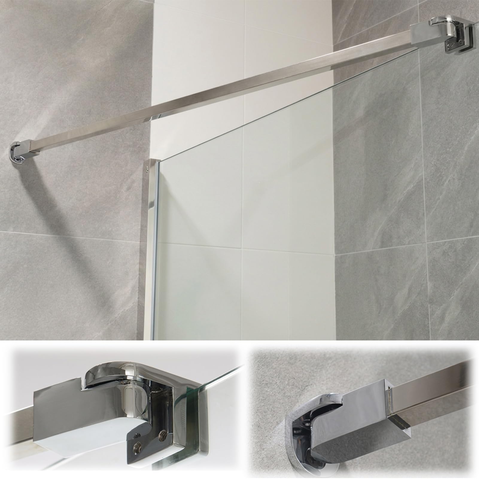 Shower Screen Support bar Rotatable Shower Glass Support Bar, Adjustable Stainless Steel Fixed Supporting Brace Rod, Heavy-Duty Stabilizer Rod for Frameless Shower(Mirrored Silver,150cm/59.1in)