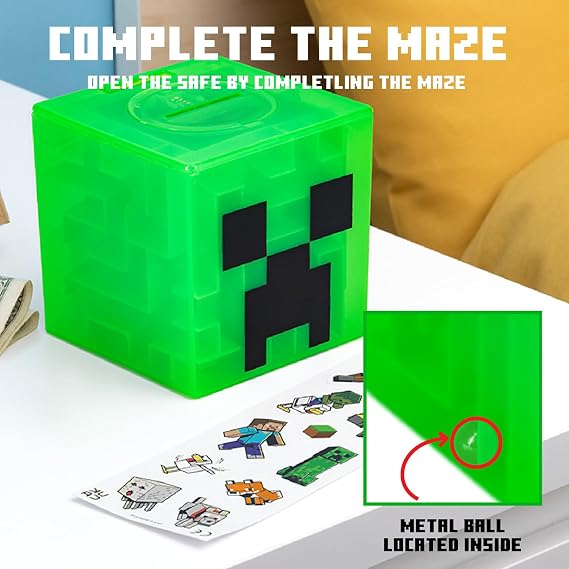 Minecraft Creeper Maze Safe Officially Licensed Piggy Bank, Complete the Maze to Unlock Money, Includes Decorative Stickers, Gamer Gift | Paladone