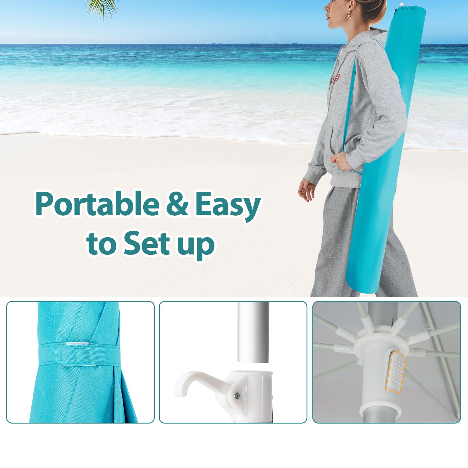 KOMFOTTEU Ombrellone da Spiaggia 200cm UV50+ Pieghevole Leggero con Borsa
