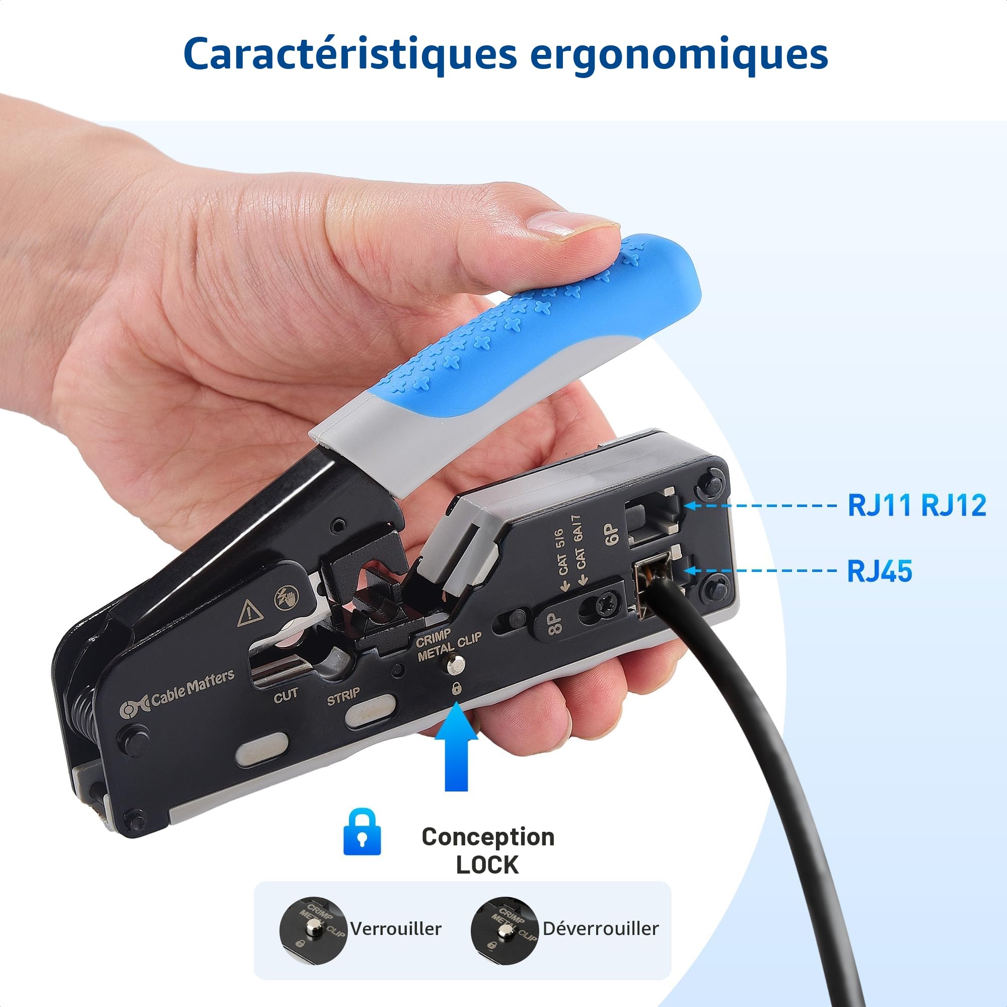Cable Matters Pince à sertir RJ45 tout-en-un pour connecteurs blindés traversants (Pass-Through) – Outil Cat8 Cat5/Cat6/Cat6A/Cat7, couper/dénuder/sertir, RJ11/RJ12/RJ45